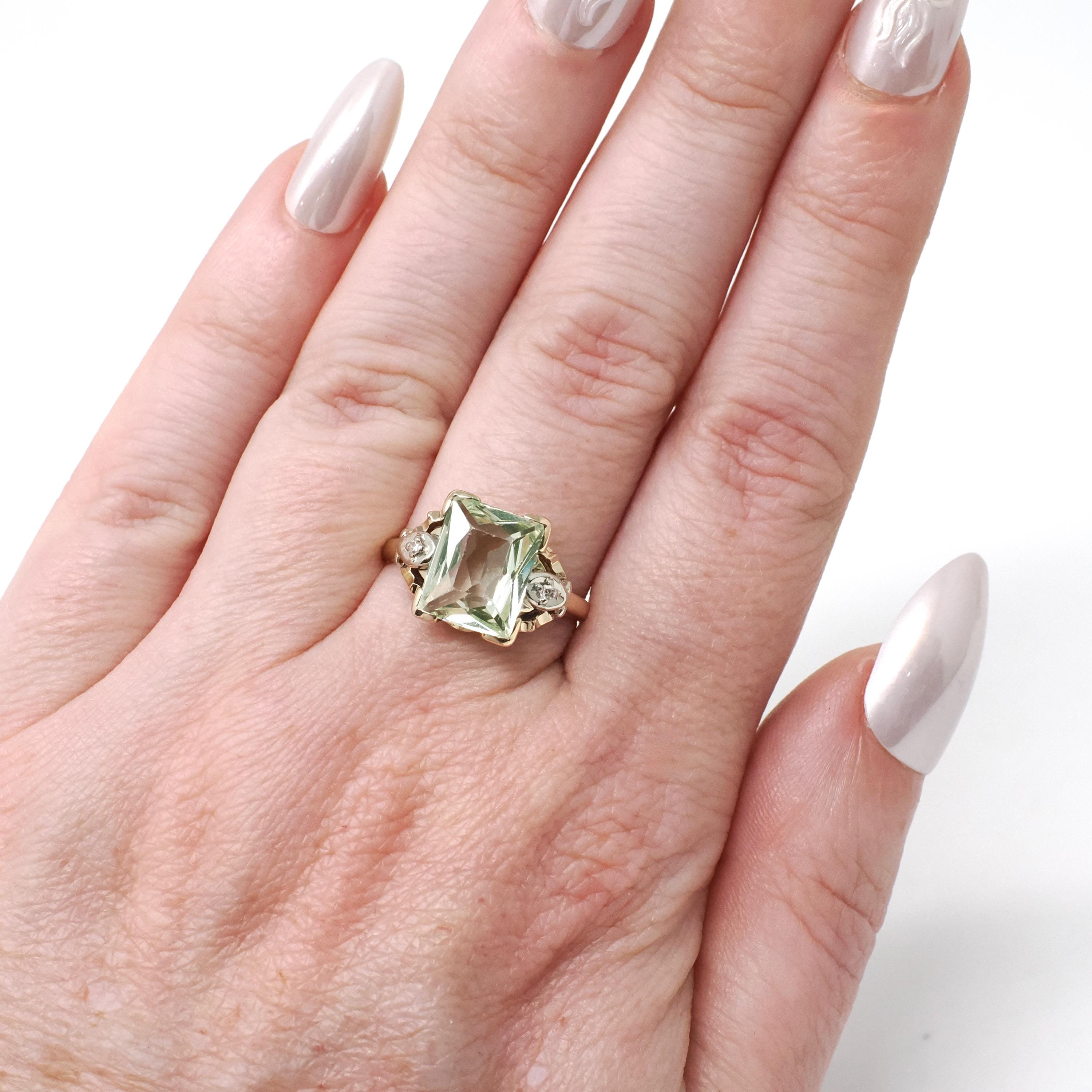Uranium Glass Ring - Mid Century 10k Yellow White Gold Diamond Accents - Vintage Circa 1940s Size 6 Fluorescent Green Vaseline Fine Jewelry