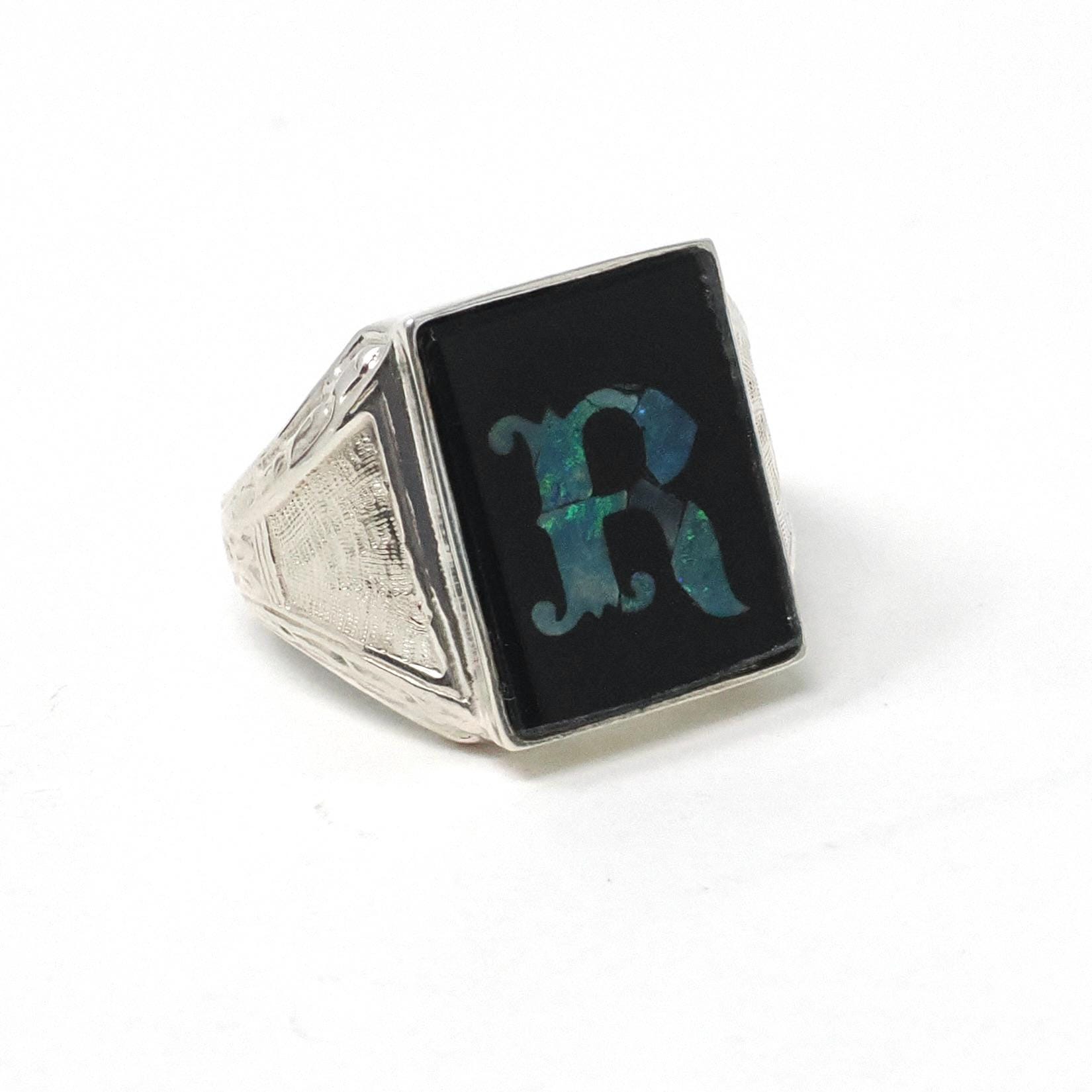 Letter "R" Ring - Mid Century Sterling Silver Opal Inlay & Black Glass Gem - Vintage Circa 1950s Era Size 7.5 Rainbow Signet Unisex Jewelry