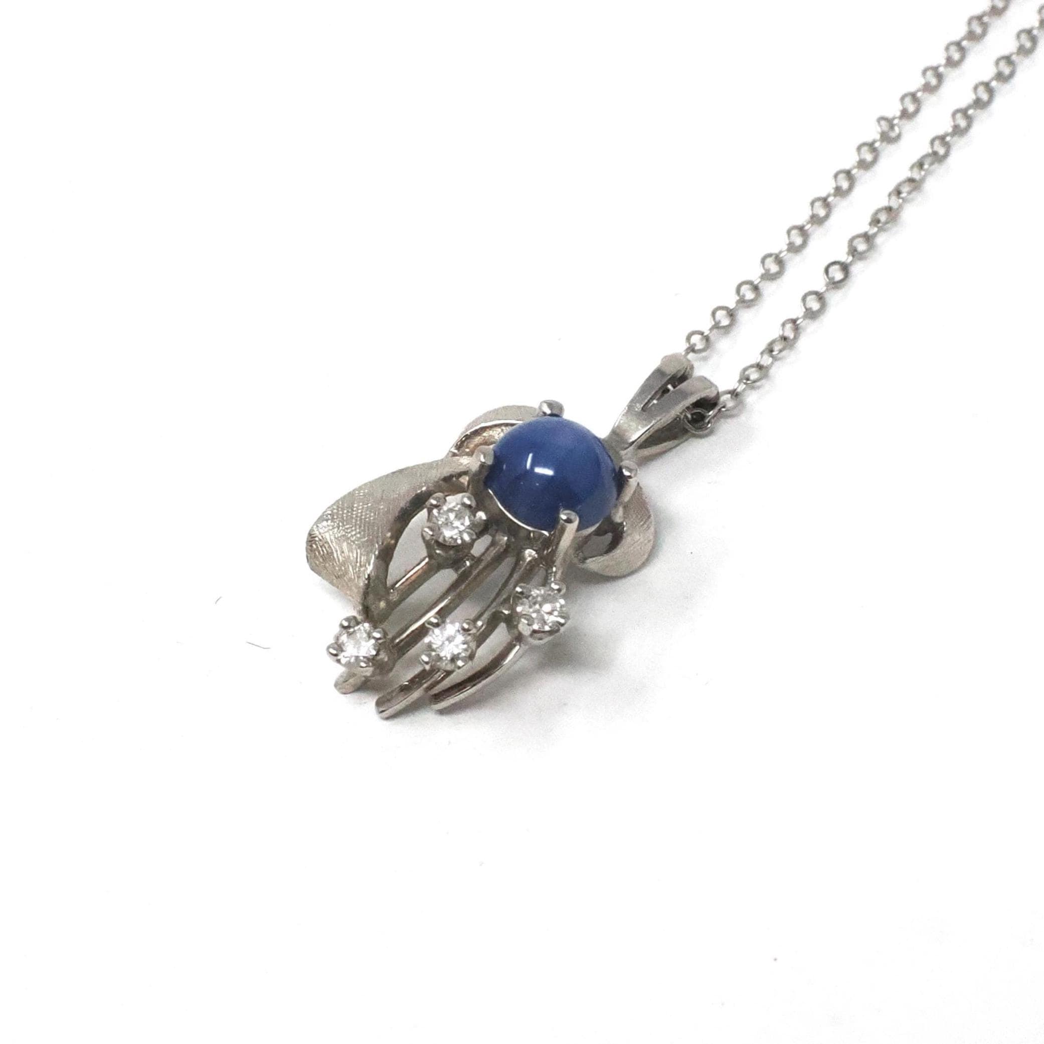 Created Star Sapphire Necklace - Retro Era 14k White Gold Round Blue Cabochon & Diamond Accent Pendant - Circa 1970s Fine Birthstone Jewelry