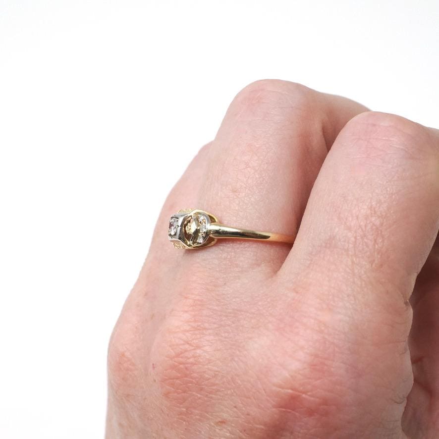 Vintage Diamond Ring - Mid Century 14k Yellow & White Gold Two Tone Natural .13 CTW Engagement - Circa 1960s Size 7.5 Crescent Moon Jewelry