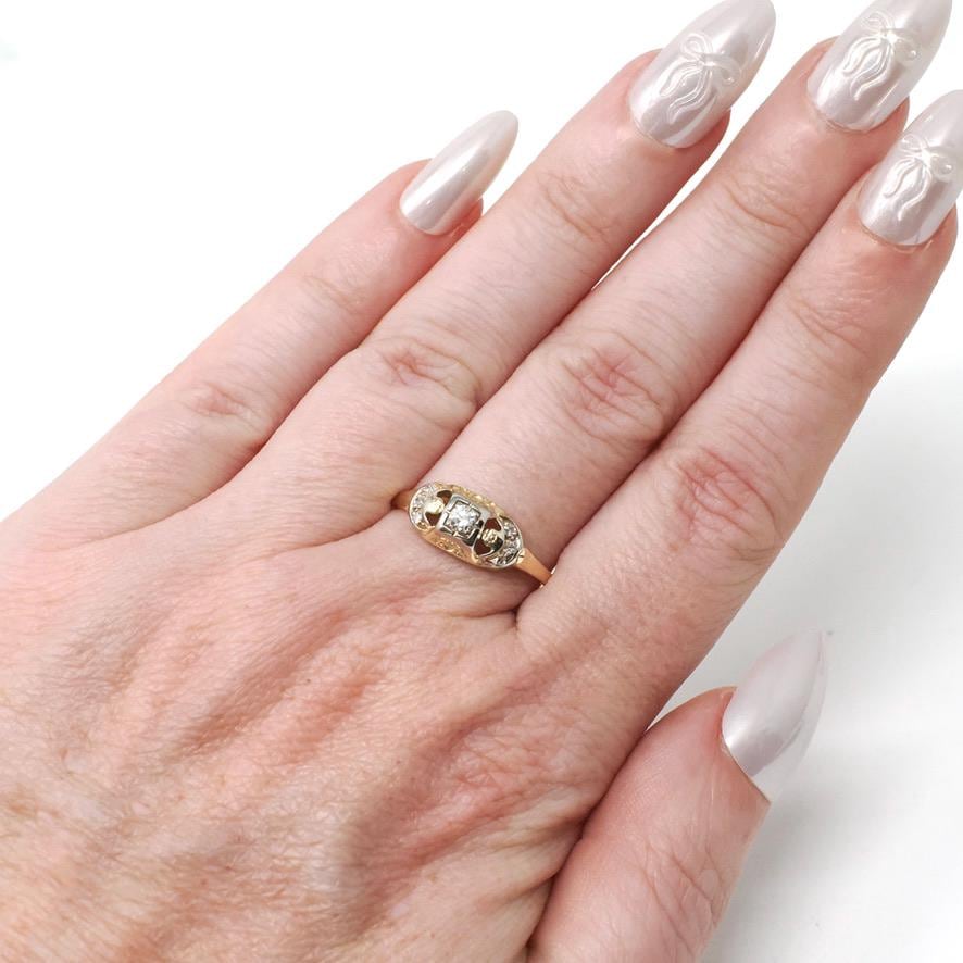 Vintage Diamond Ring - Mid Century 14k Yellow & White Gold Two Tone Natural .13 CTW Engagement - Circa 1960s Size 7.5 Crescent Moon Jewelry