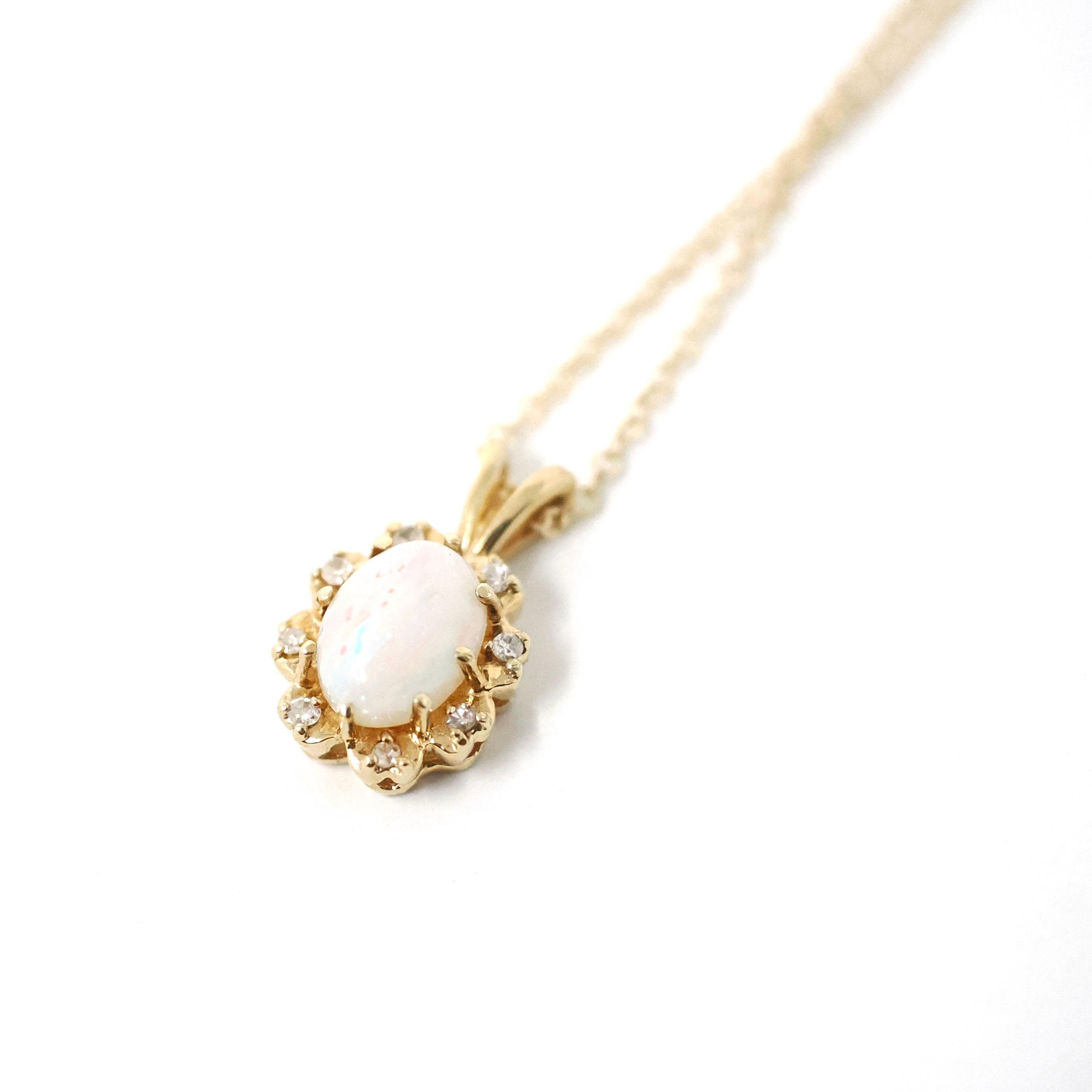 Opal & Diamond Pendant - Estate 14k Yellow Gold Oval Cabochon Cut 1.00 CT Gem Necklace - Modern Circa 2000's October Birthstone Fine Jewelry