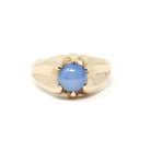 Created Star Sapphire Ring - Mid Century 10k Yellow Gold Blue Stone Statement - Vintage Circa 1940s Size 8 3/4 September Birthstone Jewelry