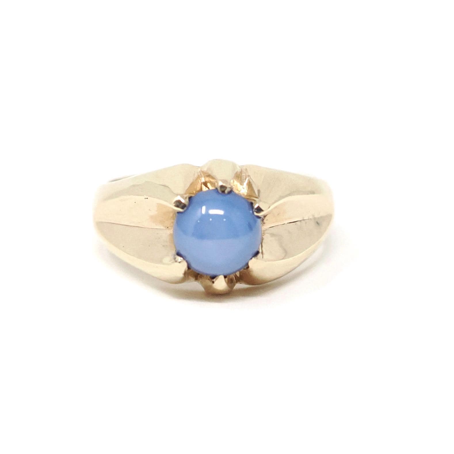 Created Star Sapphire Ring - Mid Century 10k Yellow Gold Blue Stone Statement - Vintage Circa 1940s Size 8 3/4 September Birthstone Jewelry