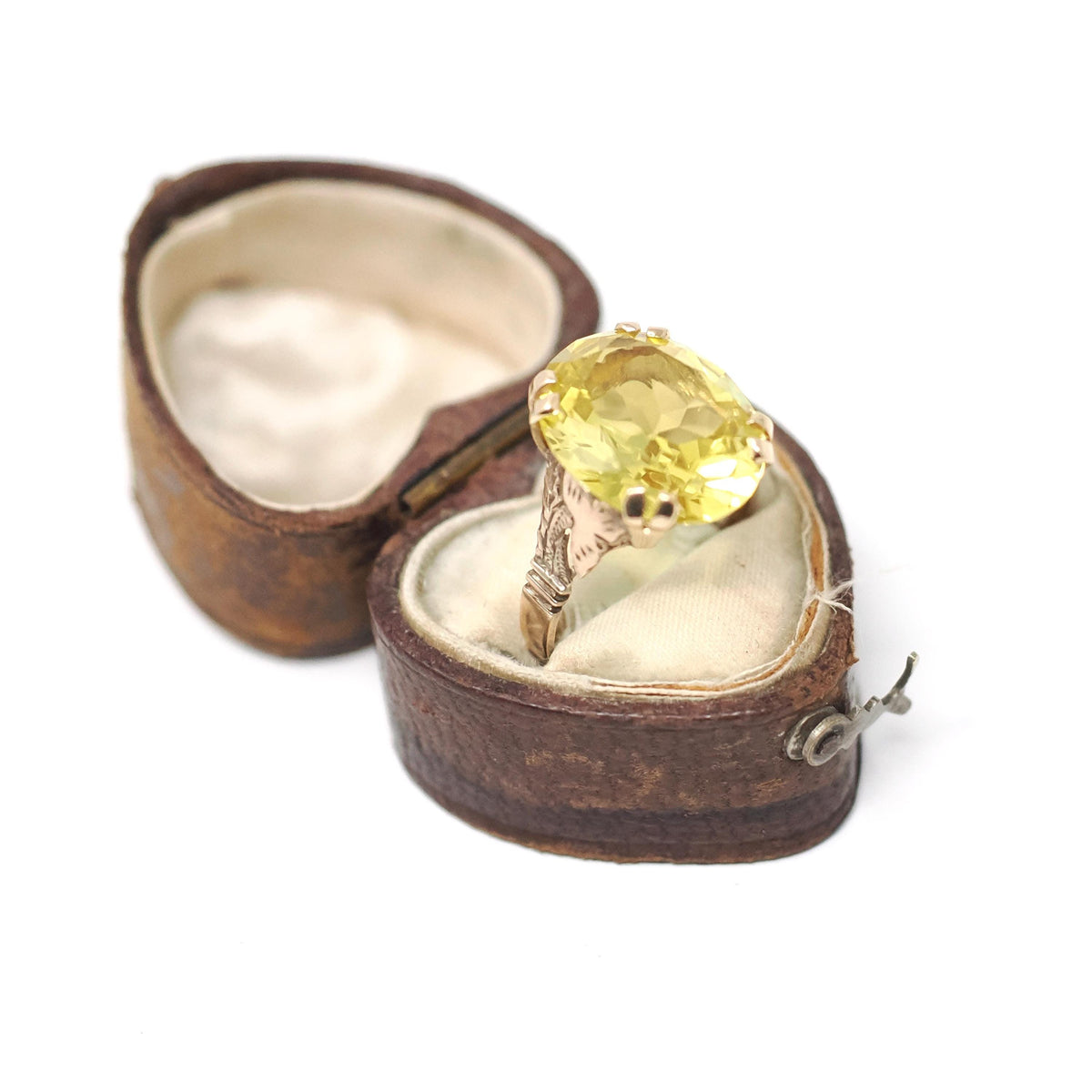 Vintage Created Yellow Sapphire Ring - Retro 10k Rosy Yellow Gold Oval Solitaire Gemstone - Circa 1940s Size 5 1/4 Statement Fine Jewelry