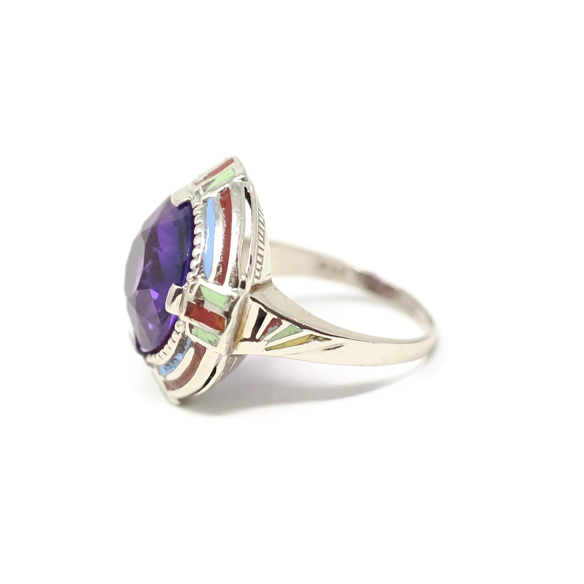 Art Deco Ring - Vintage 14k White Gold Created Purple Sapphire Target - Circa 1930s Era Size 5 1/2 Cocktail Enamel Halo 30s Fine Jewelry