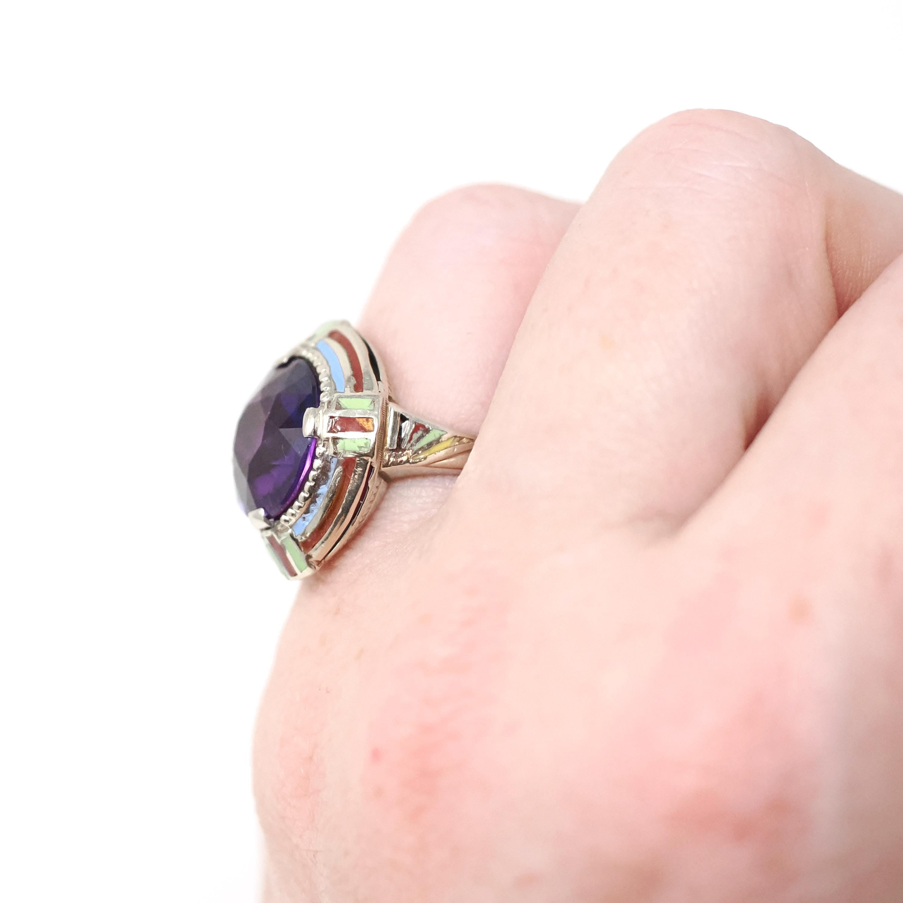 Art Deco Ring - Vintage 14k White Gold Created Purple Sapphire Target - Circa 1930s Era Size 5 1/2 Cocktail Enamel Halo 30s Fine Jewelry