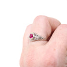 Art Deco Ring - Vintage Platinum 14k White Gold Red Created Ruby & Diamonds - Circa 1930s Era Size 7 July Birthstone Fine Filigree Jewelry