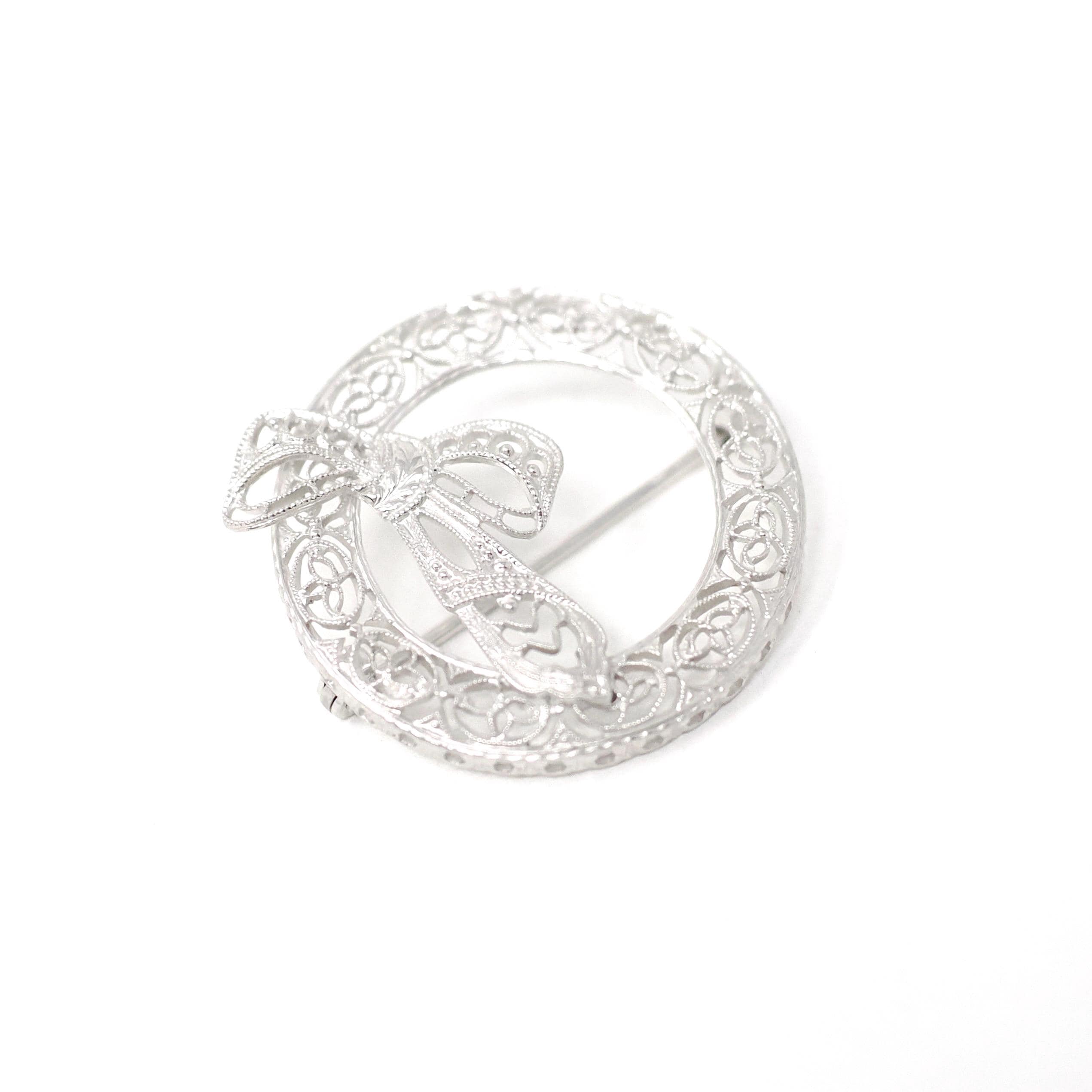 Art Deco Bow Brooch - Vintage 10k White Gold Ribbon Motif Statement Round Wreath Pin - Circa 1930s Era Detailed Floral Filigree Fine Jewelry