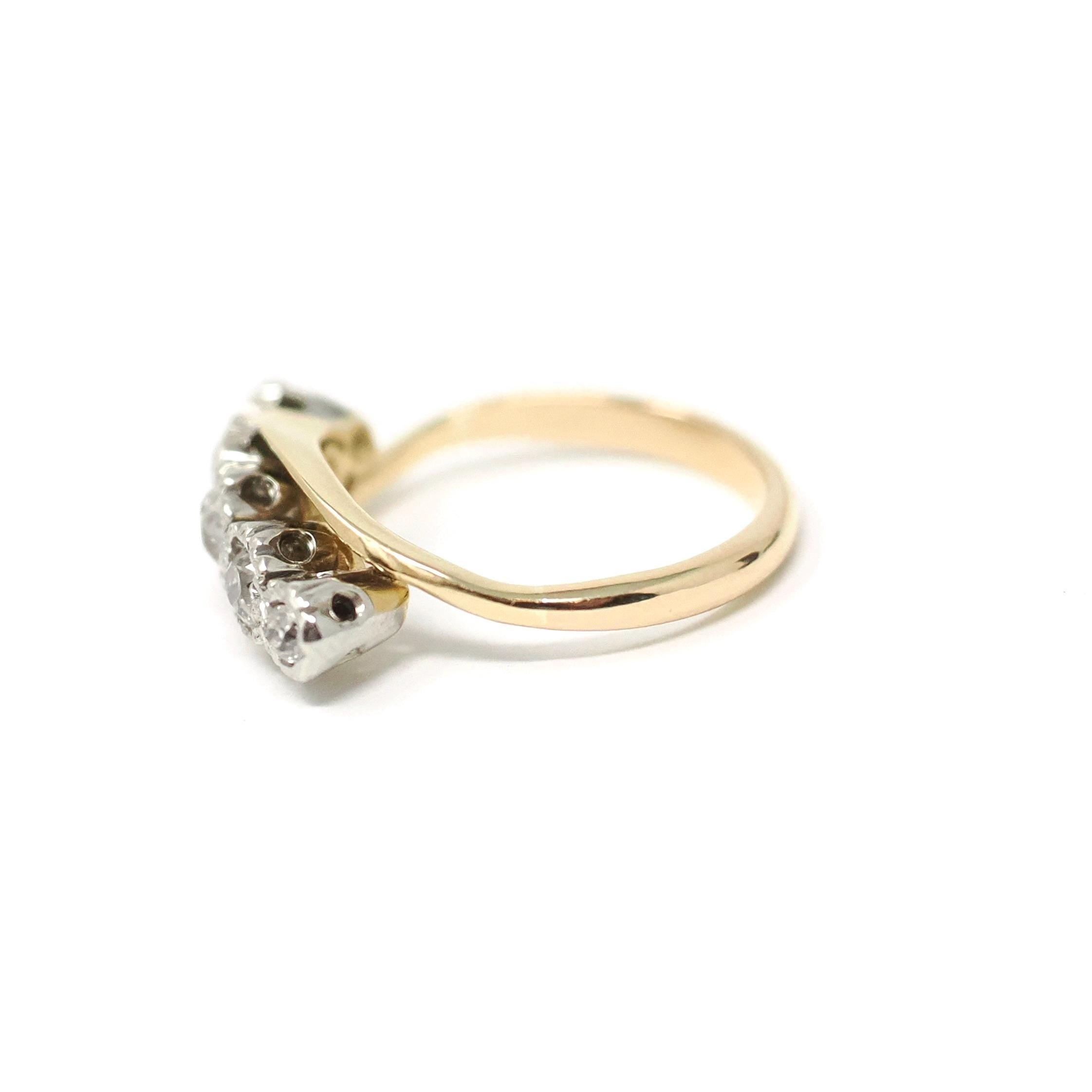 Graduated Diamond Ring - Mid Century 14k Yellow & White Gold .49 CTW Bypass Band - Vintage Circa 1950s Era Size 6 1/4 Fine Bridal Jewelry