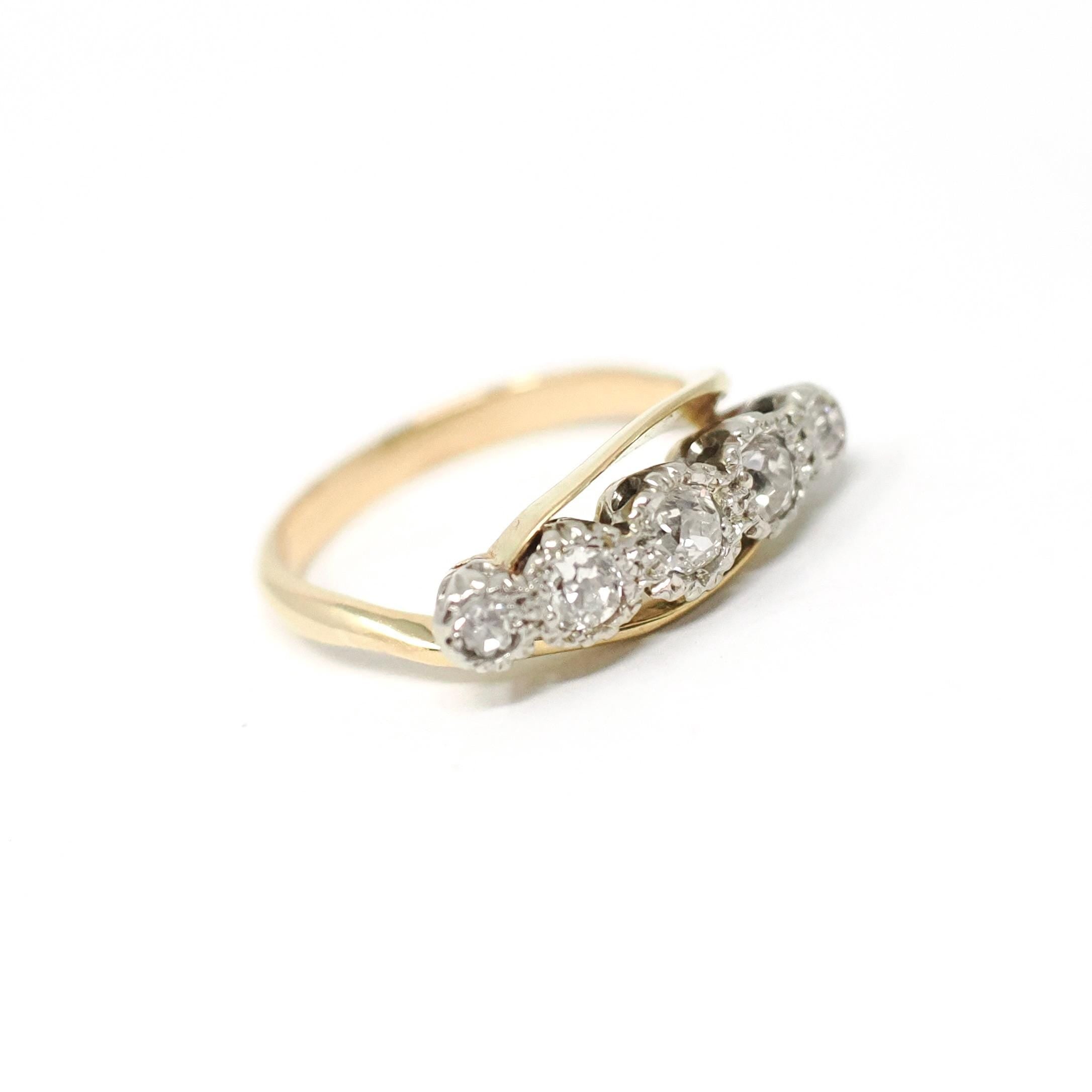 Graduated Diamond Ring - Mid Century 14k Yellow & White Gold .49 CTW Bypass Band - Vintage Circa 1950s Era Size 6 1/4 Fine Bridal Jewelry