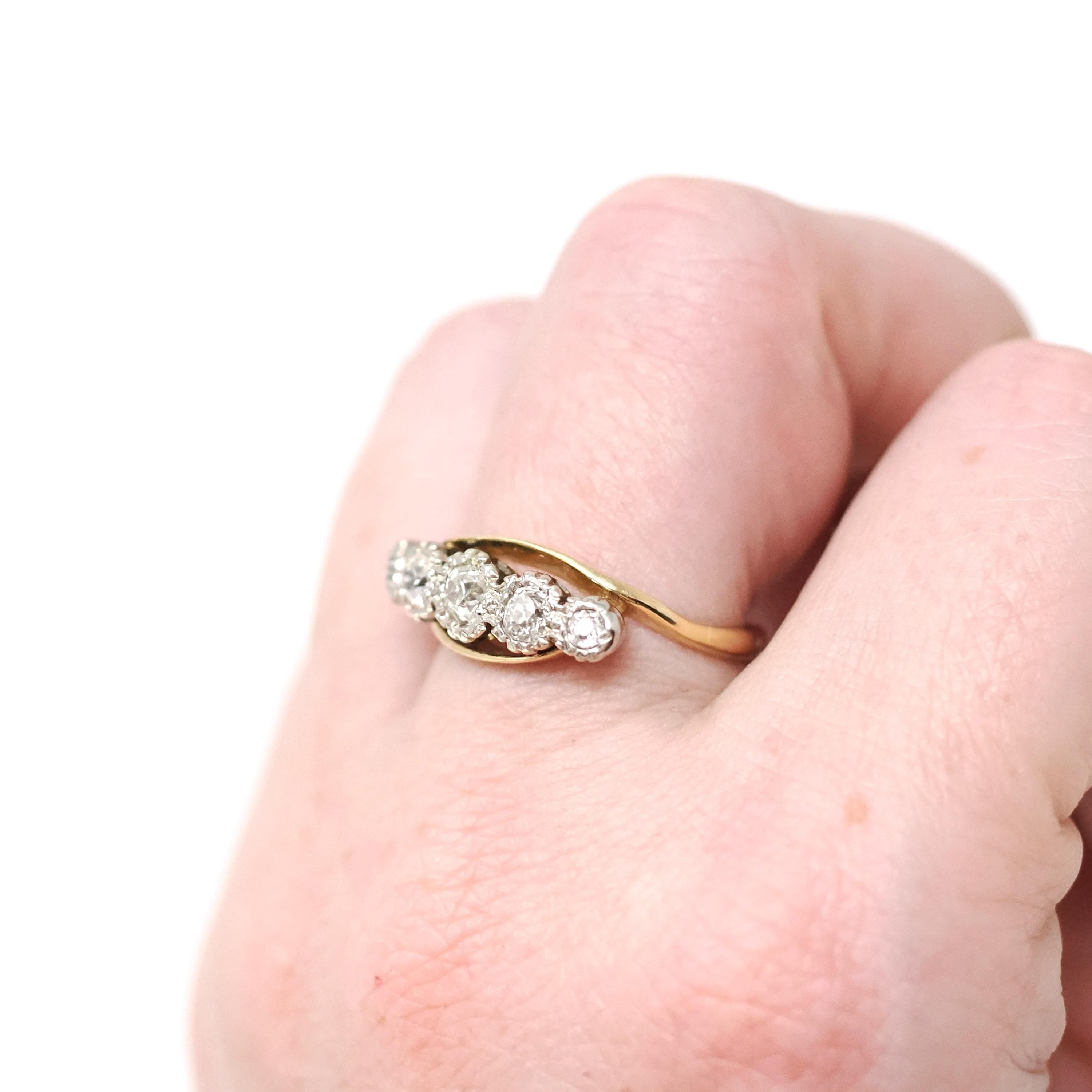 Graduated Diamond Ring - Mid Century 14k Yellow & White Gold .49 CTW Bypass Band - Vintage Circa 1950s Era Size 6 1/4 Fine Bridal Jewelry