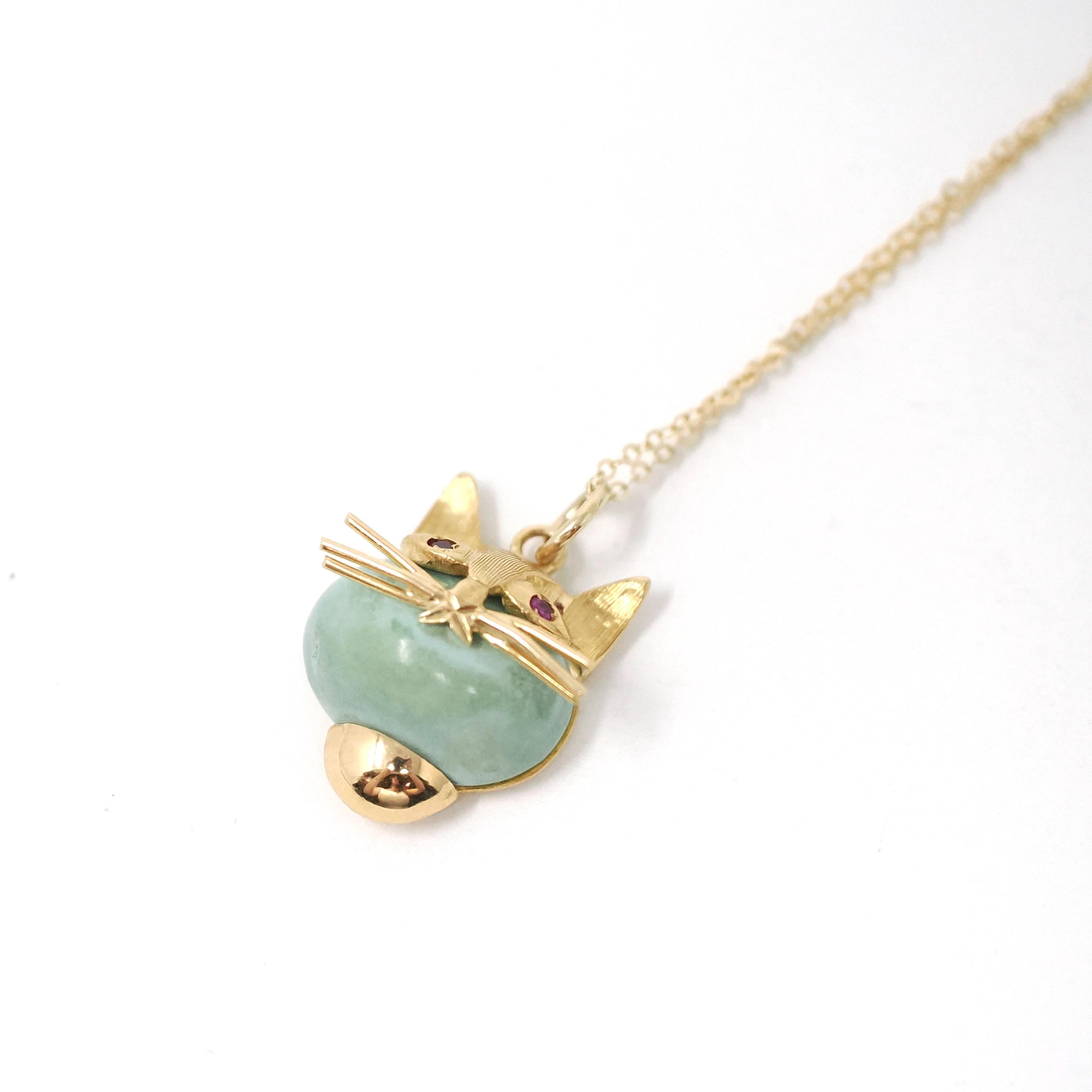 Vintage Cat Pendant - Retro 18k Yellow Gold Large Turquoise & Created Pink Sapphires Charm Necklace - Circa 1960s Animal Fine Feline Jewelry