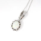 Opal & Diamond Necklace - Estate 14k White Gold Natural .30 CTW Halo Cluster Pendant - Modern Circa 2000s Era October Birthstone Jewelry