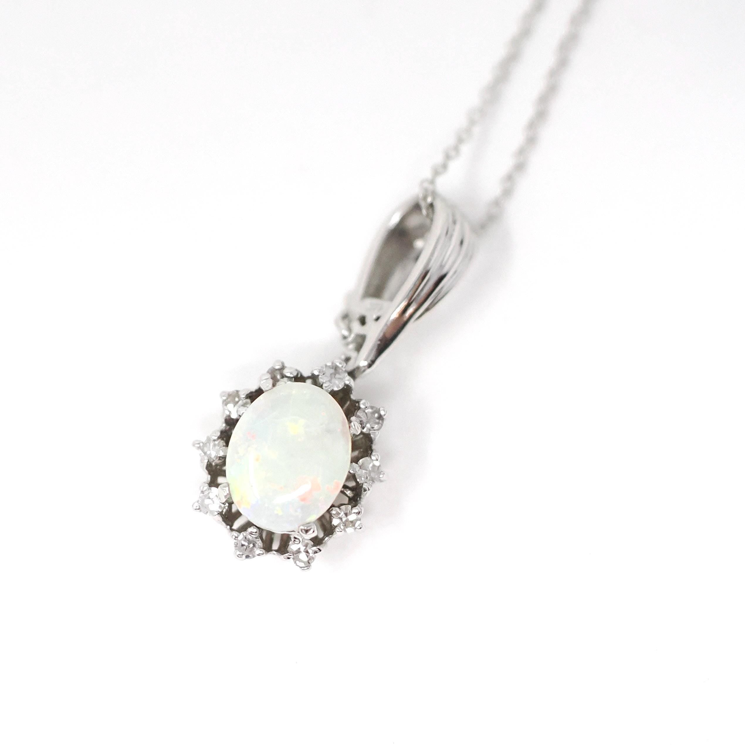 Opal & Diamond Necklace - Estate 14k White Gold Natural .30 CTW Halo Cluster Pendant - Modern Circa 2000s Era October Birthstone Jewelry