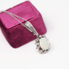 Opal & Diamond Necklace - Estate 14k White Gold Natural .30 CTW Halo Cluster Pendant - Modern Circa 2000s Era October Birthstone Jewelry