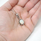 Opal & Diamond Necklace - Estate 14k White Gold Natural .30 CTW Halo Cluster Pendant - Modern Circa 2000s Era October Birthstone Jewelry