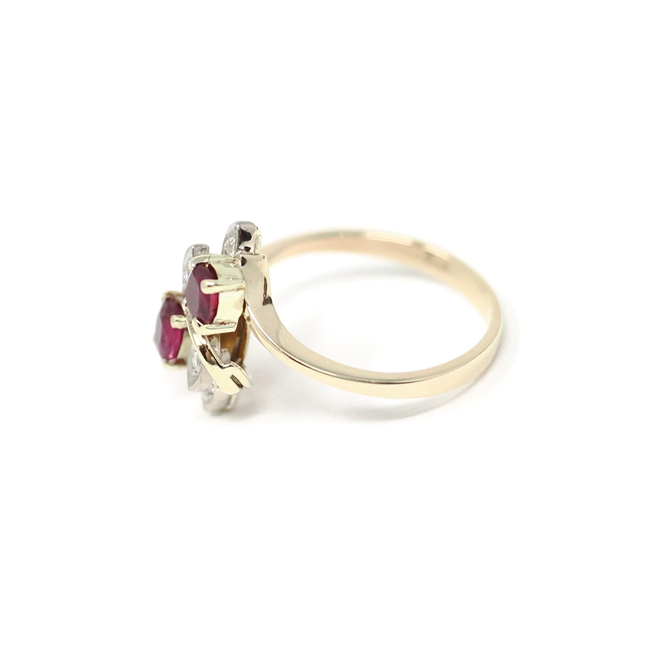 Vintage Ruby Ring - Retro 14k Yellow White Gold Diamond Accented Bypass - Circa 1960s Era Size 6 3/4 Leaf Motif Nature Inspired Fine Jewelry