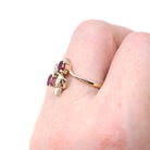 Vintage Ruby Ring - Retro 14k Yellow White Gold Diamond Accented Bypass - Circa 1960s Era Size 6 3/4 Leaf Motif Nature Inspired Fine Jewelry