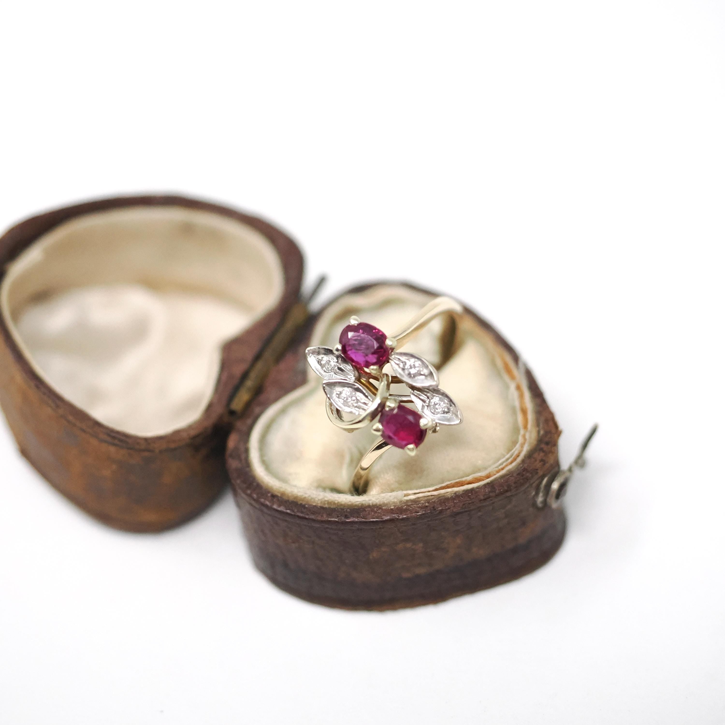Vintage Ruby Ring - Retro 14k Yellow White Gold Diamond Accented Bypass - Circa 1960s Era Size 6 3/4 Leaf Motif Nature Inspired Fine Jewelry