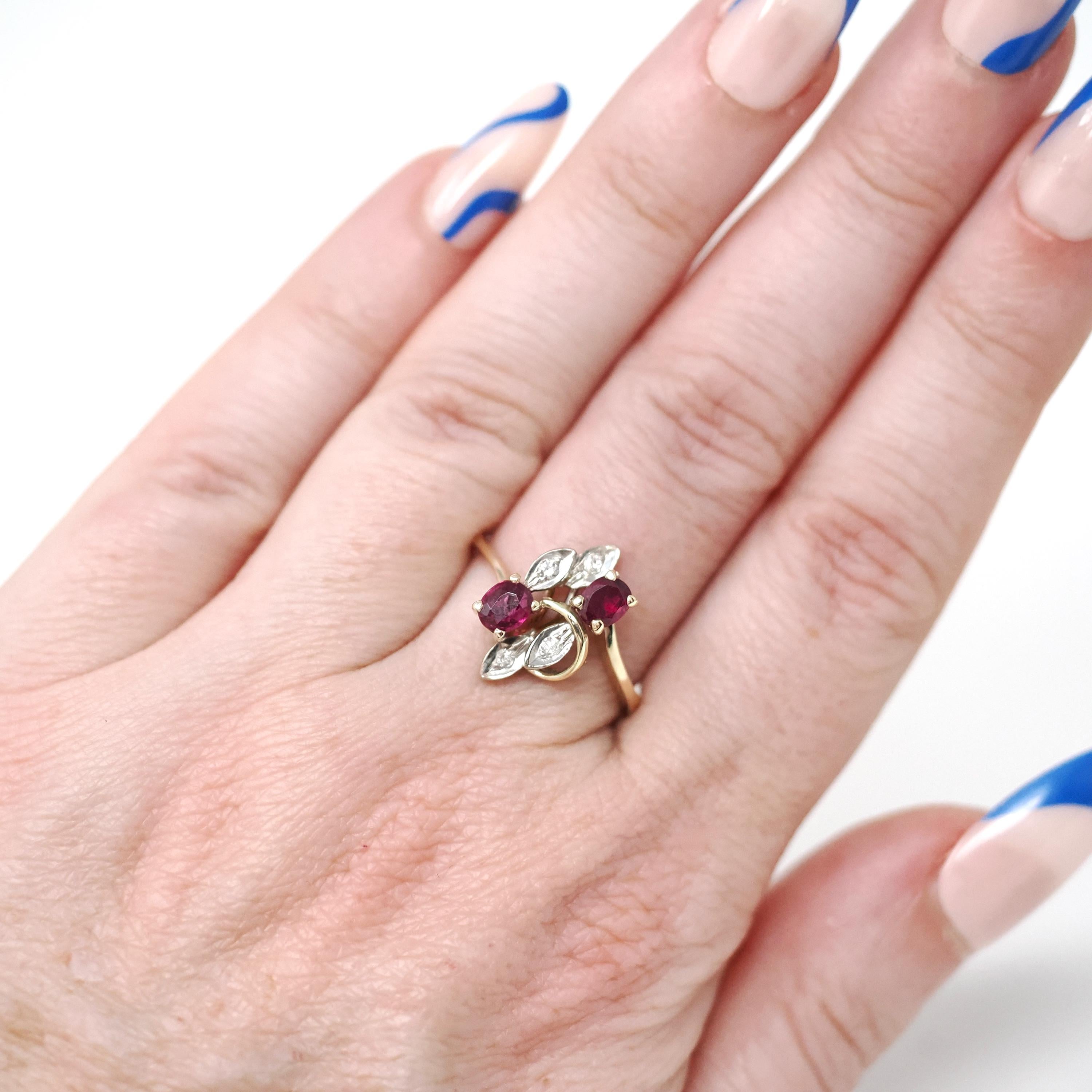 Vintage Ruby Ring - Retro 14k Yellow White Gold Diamond Accented Bypass - Circa 1960s Era Size 6 3/4 Leaf Motif Nature Inspired Fine Jewelry