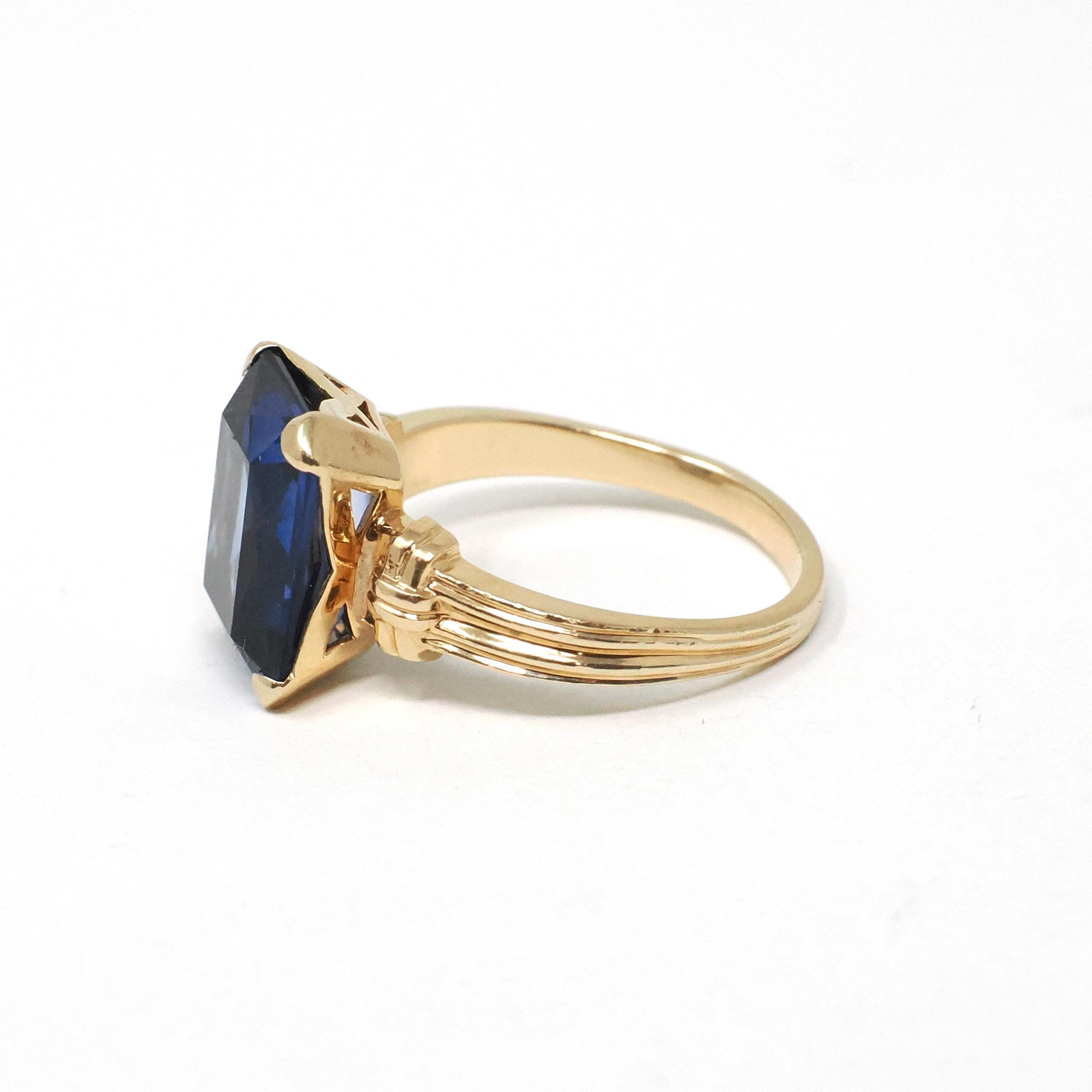 Created Blue Sapphire Ring - Mid Century 14k Yellow Gold Emerald Cut Gemstone - Circa 40s Size 7 Statement Solitaire Fine Birthstone Jewelry