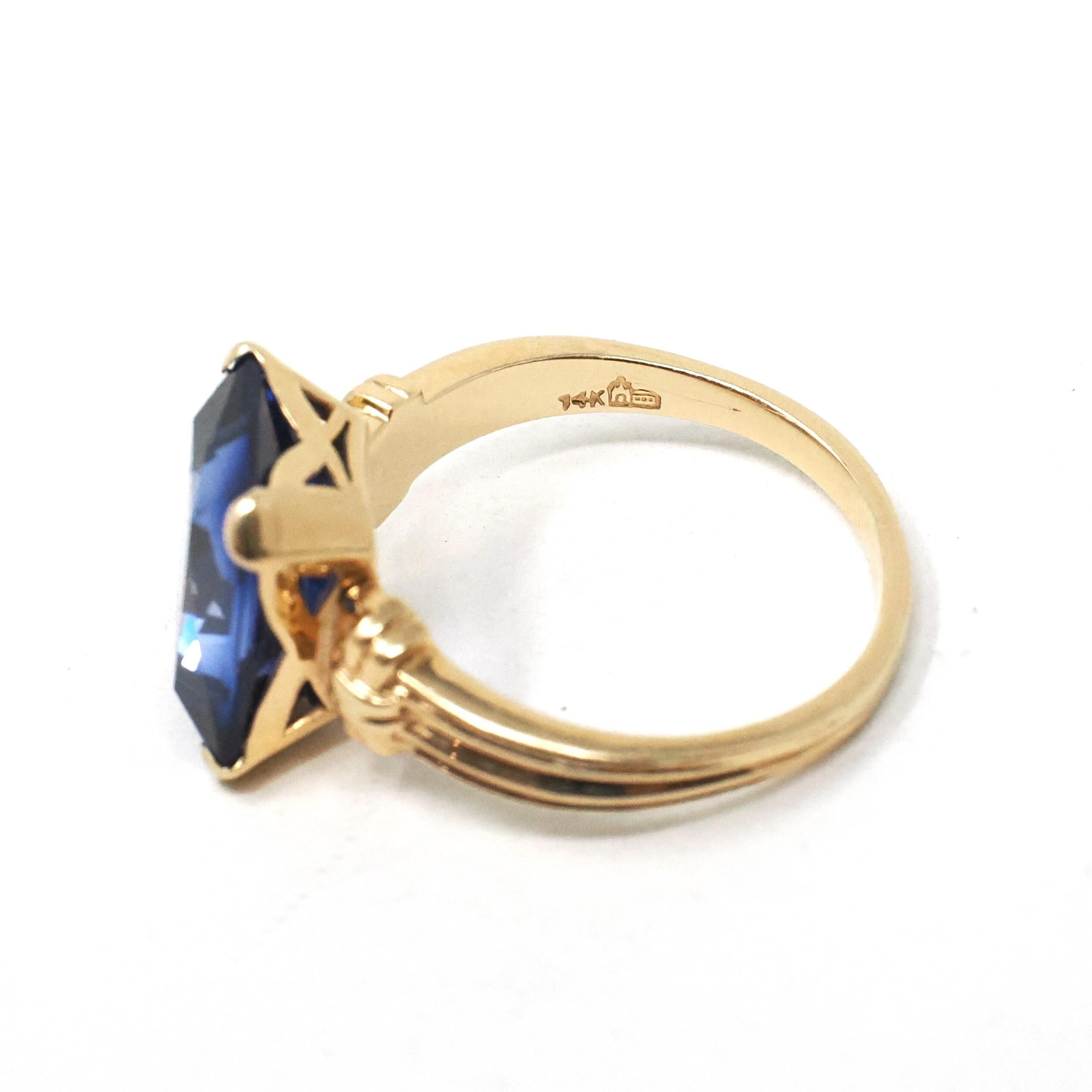 Created Blue Sapphire Ring - Mid Century 14k Yellow Gold Emerald Cut Gemstone - Circa 40s Size 7 Statement Solitaire Fine Birthstone Jewelry
