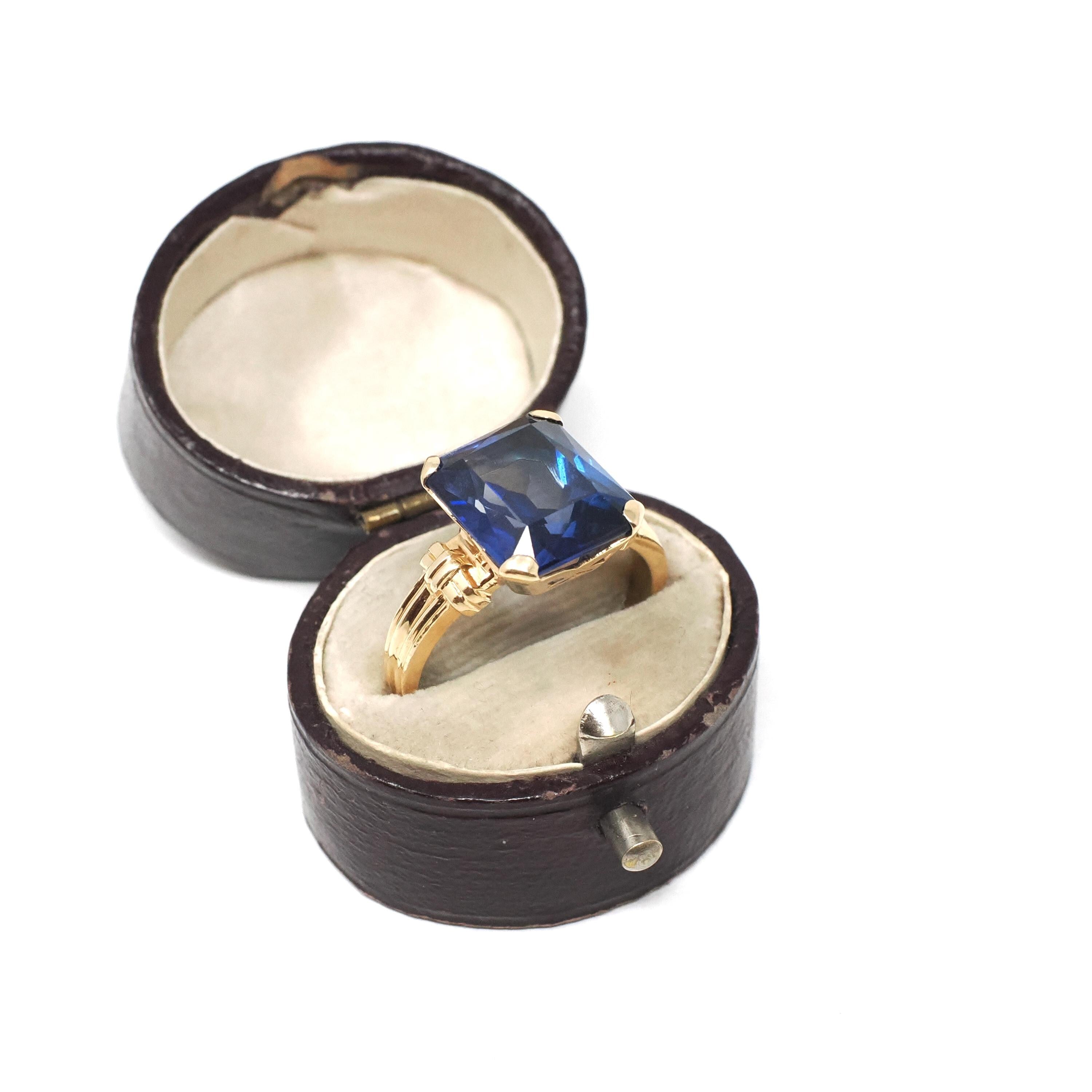 Created Blue Sapphire Ring - Mid Century 14k Yellow Gold Emerald Cut Gemstone - Circa 40s Size 7 Statement Solitaire Fine Birthstone Jewelry