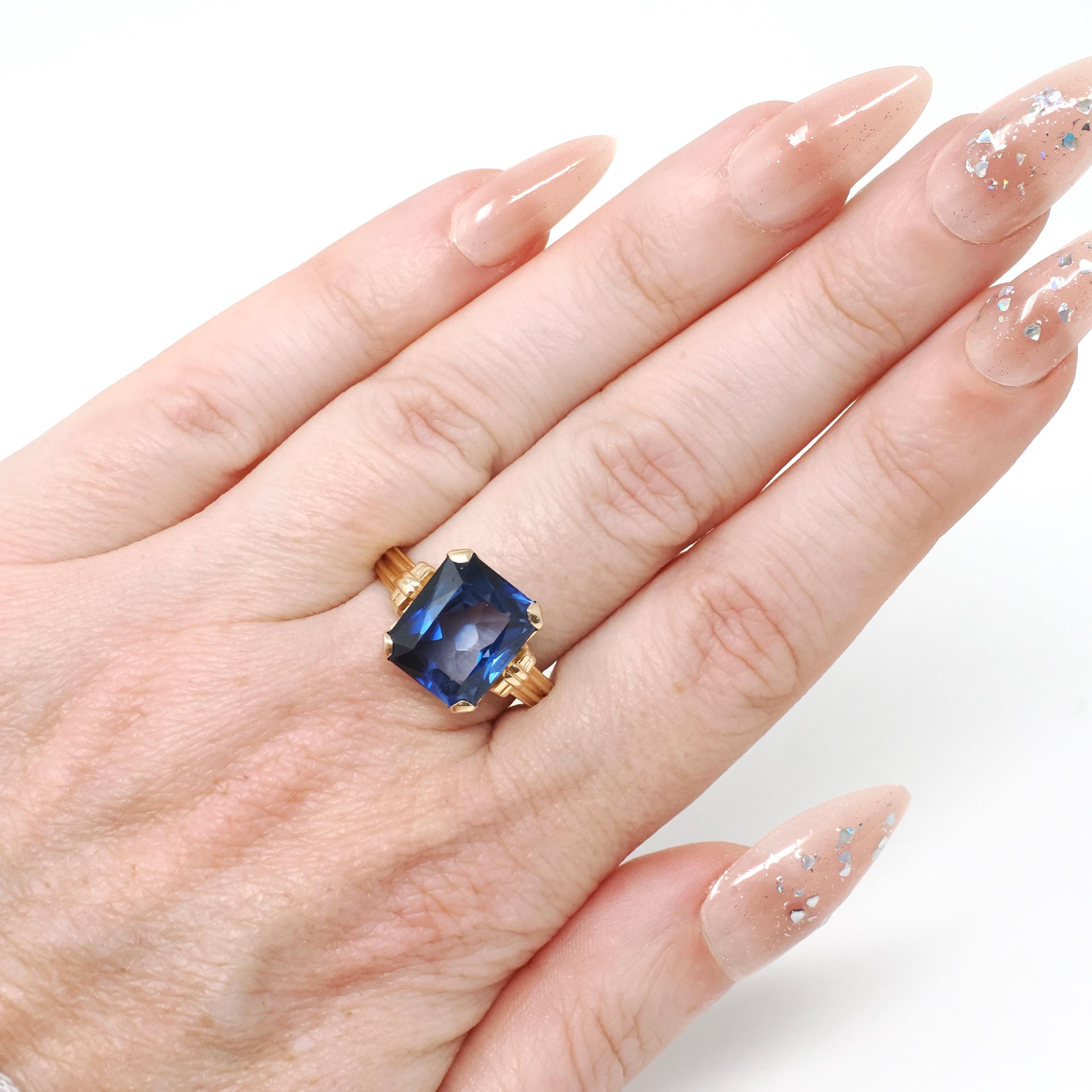 Created Blue Sapphire Ring - Mid Century 14k Yellow Gold Emerald Cut Gemstone - Circa 40s Size 7 Statement Solitaire Fine Birthstone Jewelry