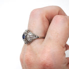 Antique Art Deco Ring - Vintage Platinum Filigree Natural Diamonds & Created Blue Sapphire Dome Engagement - Circa 1920s Size 7 Fine Jewelry