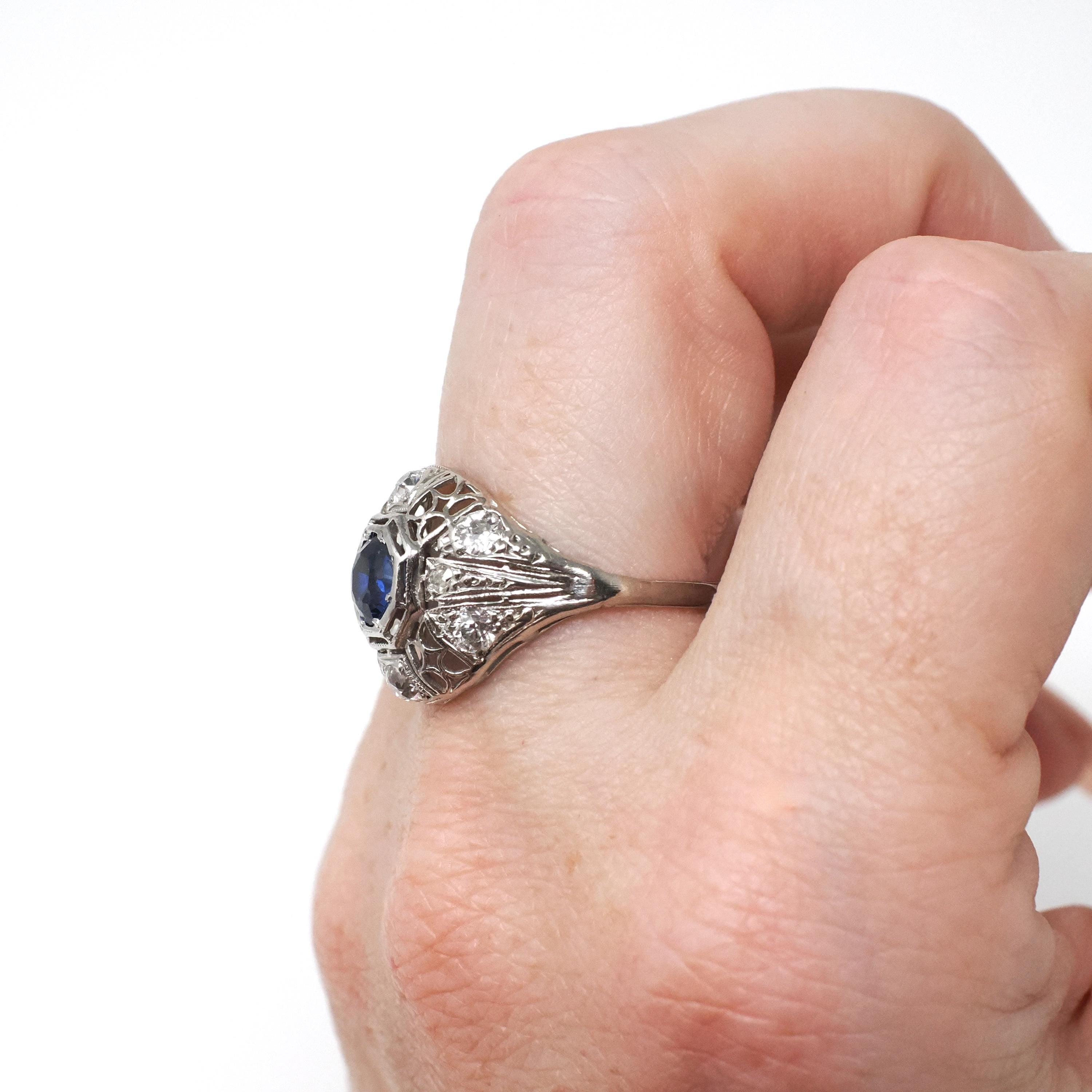 Antique Art Deco Ring - Vintage Platinum Filigree Natural Diamonds & Created Blue Sapphire Dome Engagement - Circa 1920s Size 7 Fine Jewelry