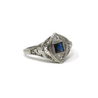 Art Deco Ring - Vintage 18k White Gold Created Sapphire & Simulated Diamonds - Circa 1920s Size 7 Filigree Fine Dainty Navette Jewelry