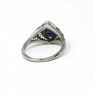 Art Deco Ring - Vintage 18k White Gold Created Sapphire & Simulated Diamonds - Circa 1920s Size 7 Filigree Fine Dainty Navette Jewelry