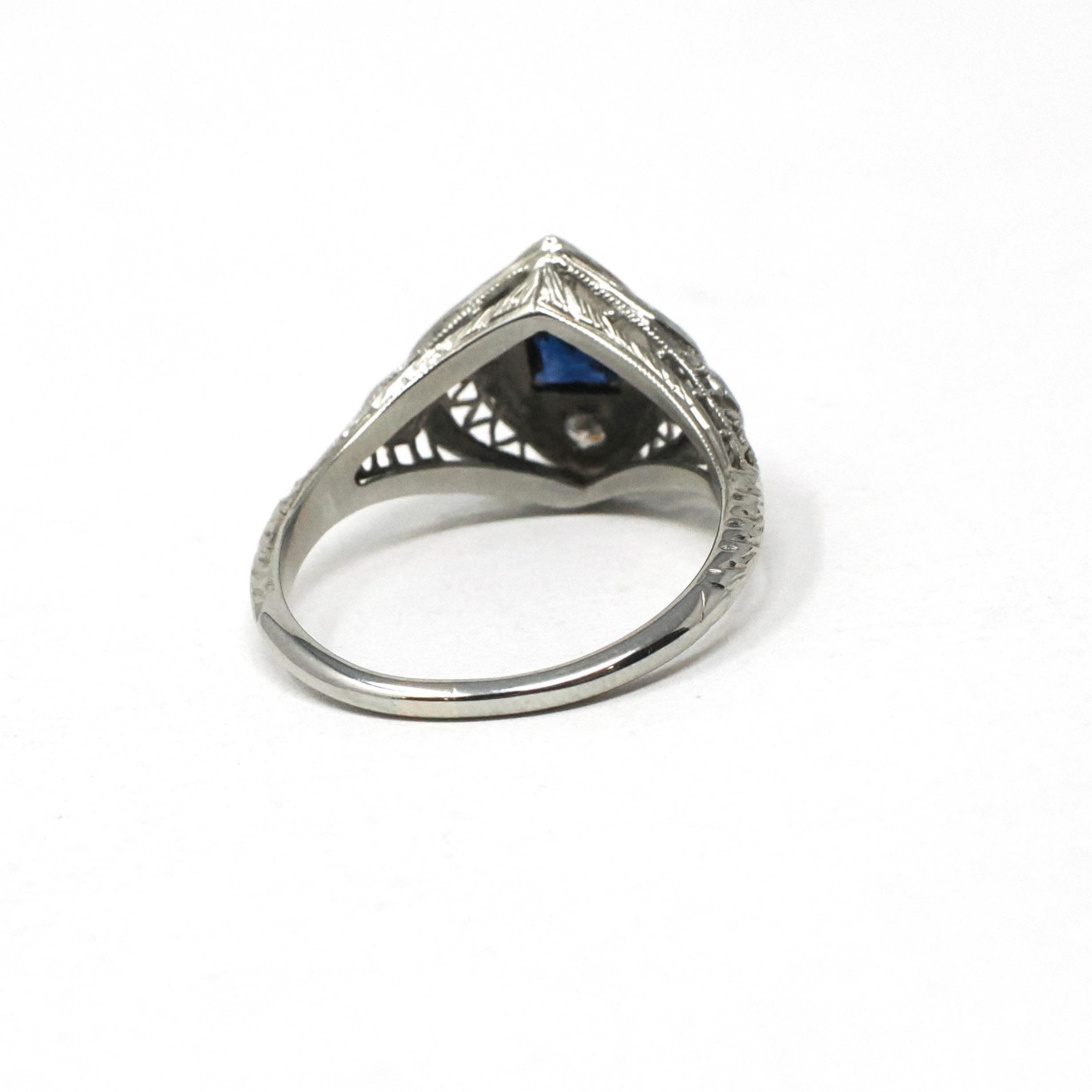 Art Deco Ring - Vintage 18k White Gold Created Sapphire & Simulated Diamonds - Circa 1920s Size 7 Filigree Fine Dainty Navette Jewelry
