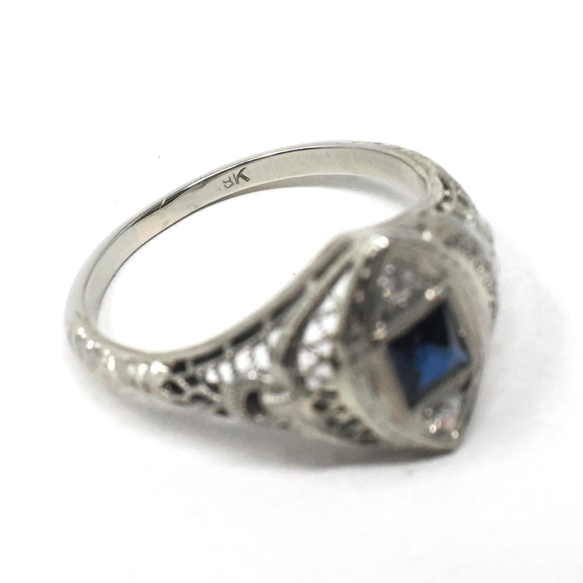 Art Deco Ring - Vintage 18k White Gold Created Sapphire & Simulated Diamonds - Circa 1920s Size 7 Filigree Fine Dainty Navette Jewelry