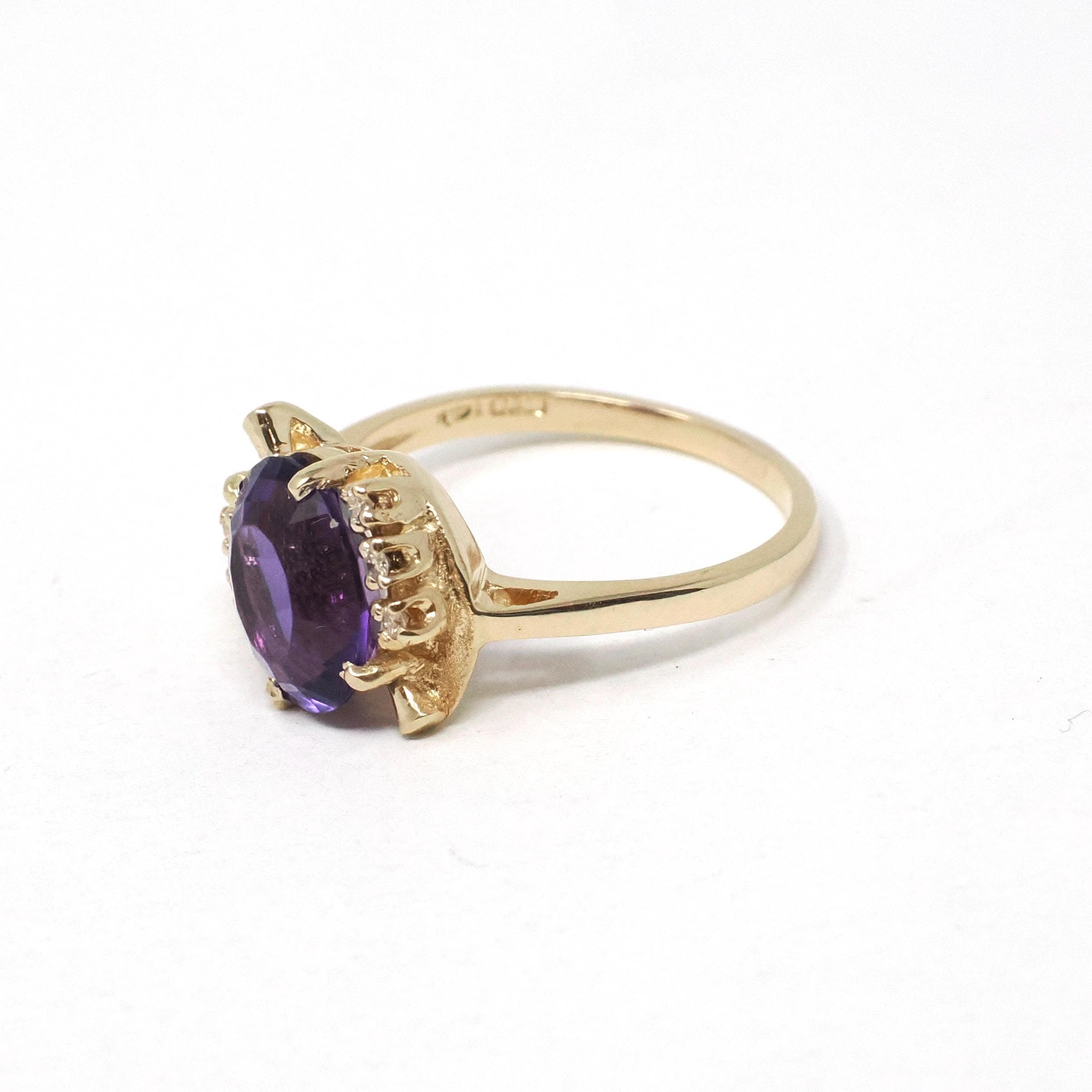 Amethyst & Diamond Ring - Estate 14k Yellow Gold Oval Purple 2.40 CT Gem - Circa 1980s Era Size 7.25 February Birthstone Fine Bypass Jewelry