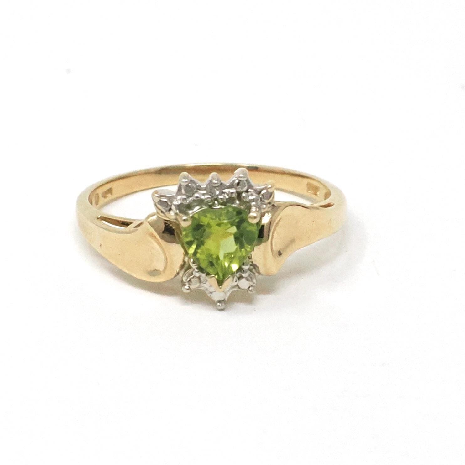 Peridot & Diamond Ring - Modern 10k Yellow And White Gold Light Green Heart Shaped Gemstone - Estate Size 6.5 August Birthstone Fine Jewelry