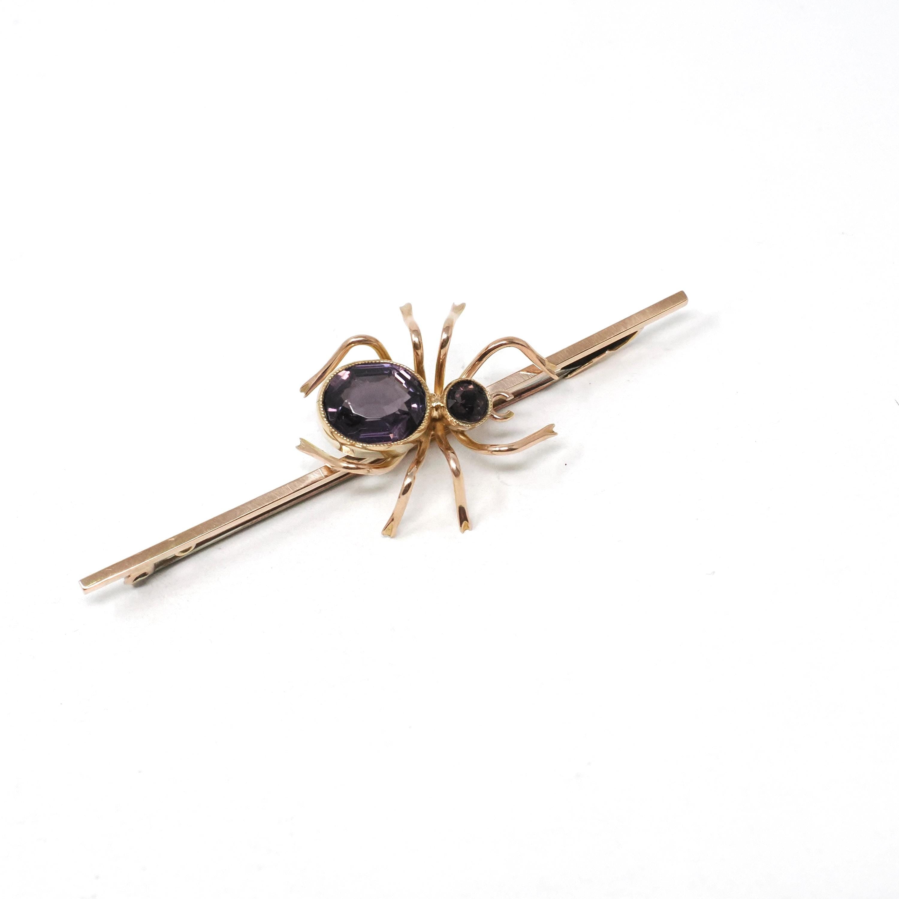 Antique Spider Brooch - Edwardian Era 9k Yellow Gold Simulated Purple Amethyst Glass Stones - Circa 1900s Arachnid Pin Fine Insect Accessory