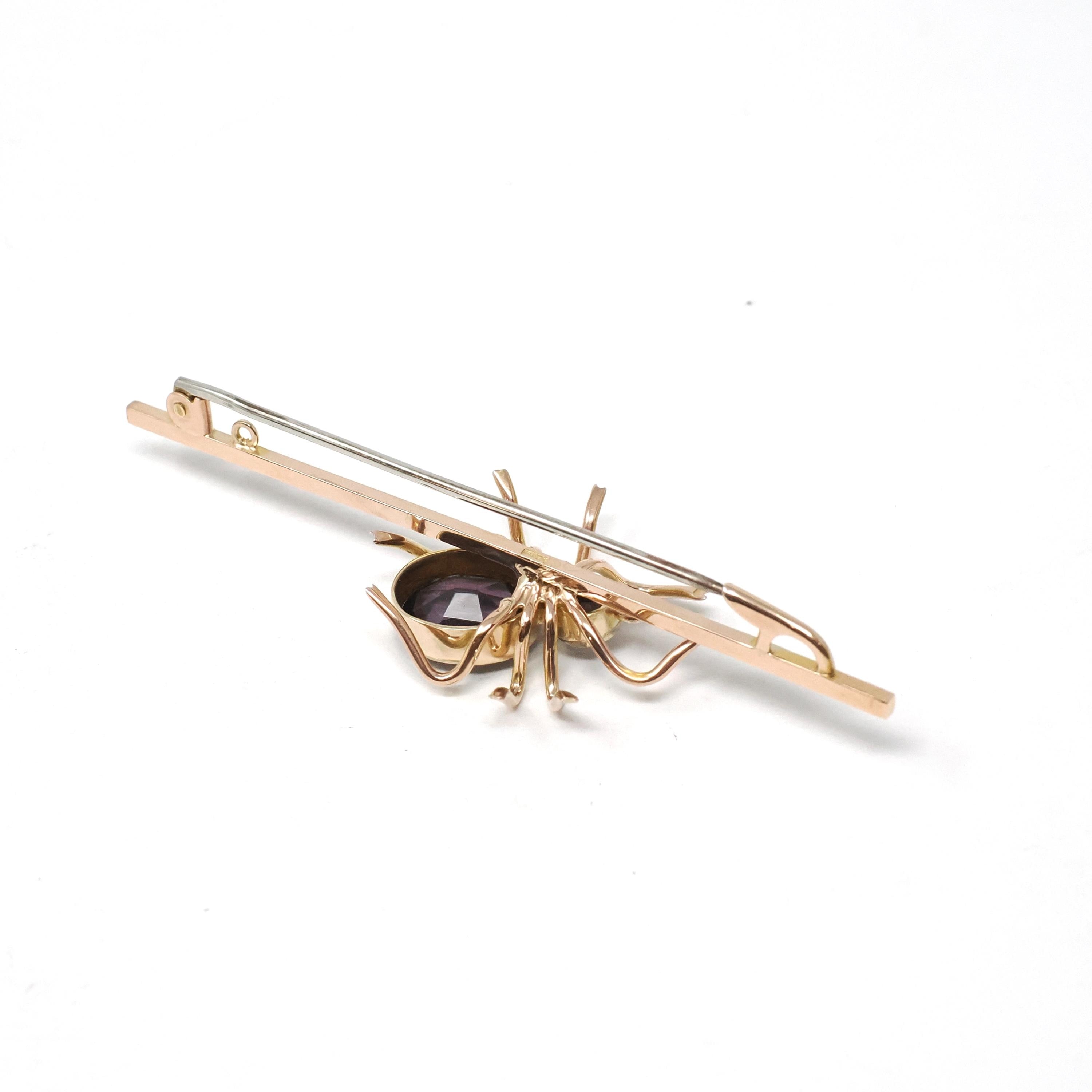 Antique Spider Brooch - Edwardian Era 9k Yellow Gold Simulated Purple Amethyst Glass Stones - Circa 1900s Arachnid Pin Fine Insect Accessory