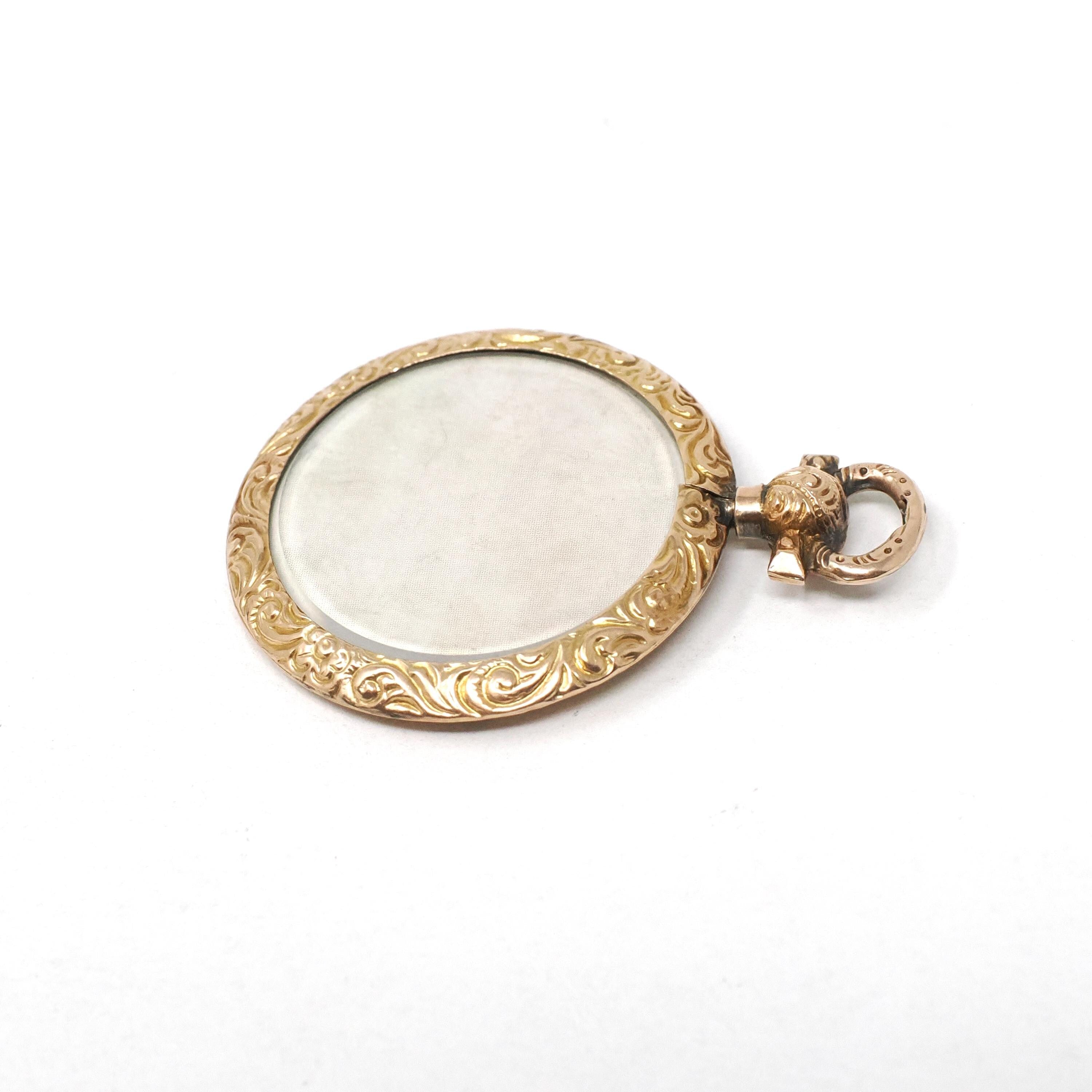 Antique Locket Fob - Edwardian Era 9K Rosy Yellow Gold Round Glass Pendant Necklace - Two Side Memory Photo Portrait Keepsake Charm Jewelry