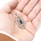 Art Deco Filigree Pendant - Vintage 10k White Gold Marquise Cut Simulated Blue Sapphire Gem - Circa 1930s Era Glass Fine Flapper Jewelry