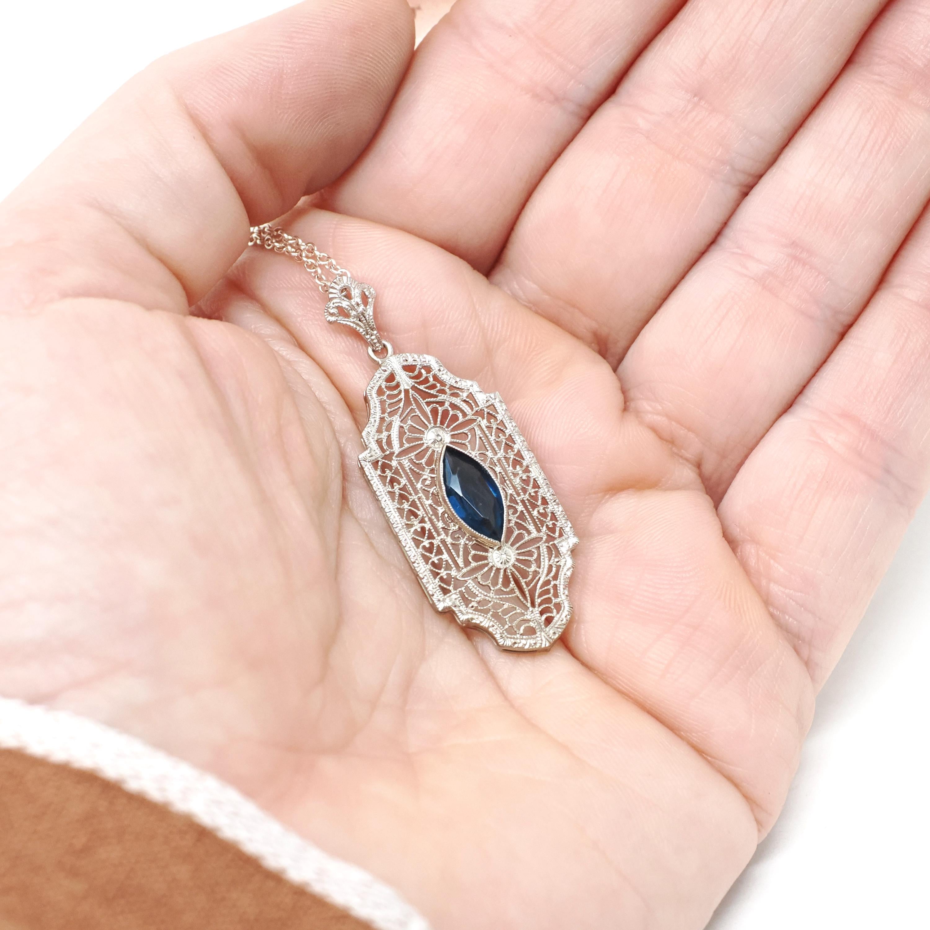 Art Deco Filigree Pendant - Vintage 10k White Gold Marquise Cut Simulated Blue Sapphire Gem - Circa 1930s Era Glass Fine Flapper Jewelry