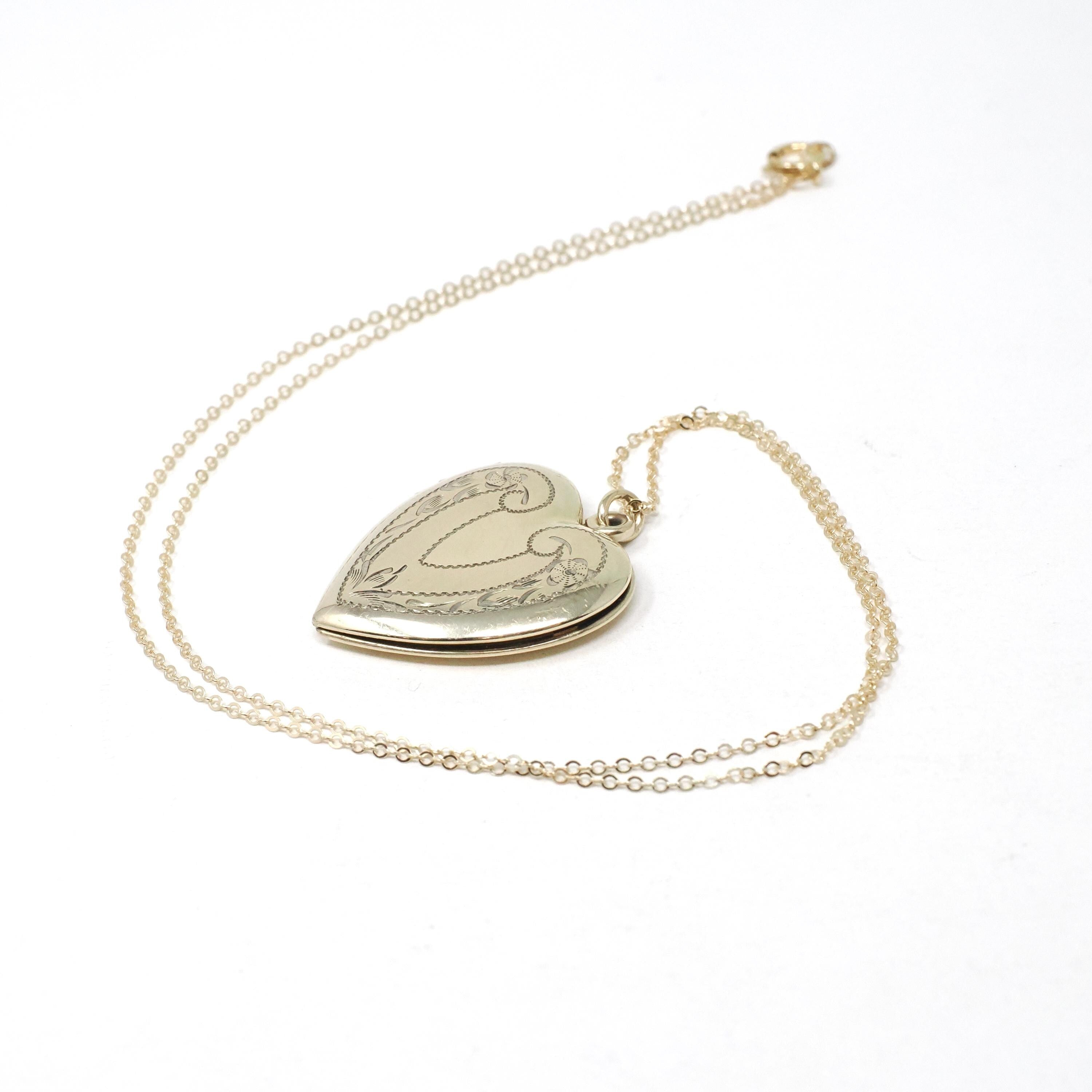 Vintage Heart Locket - Mid Century Gold Filled On Sterling Engraved Flowers Designs Pendant Necklace - Circa 1940s Floral Statement Jewelry