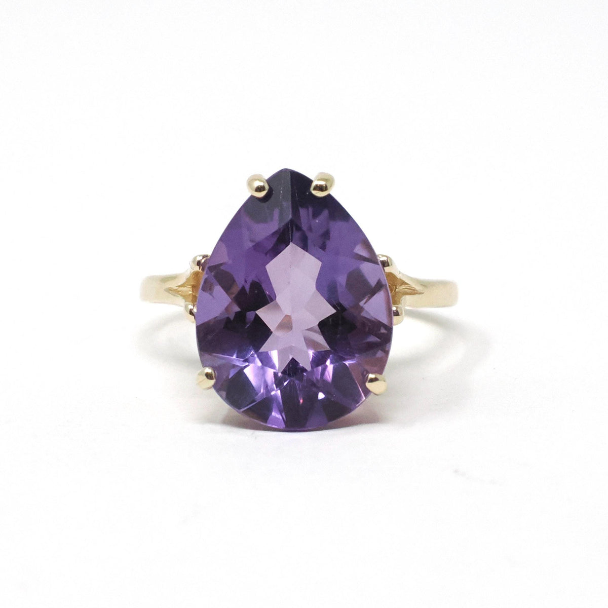 Amethyst Solitaire Ring - Modern 14k Yellow Gold Natural Pear Cut 8.00 CT Gemstone - Circa 2000s Size 9 1/4 February Birthstone Fine Jewelry