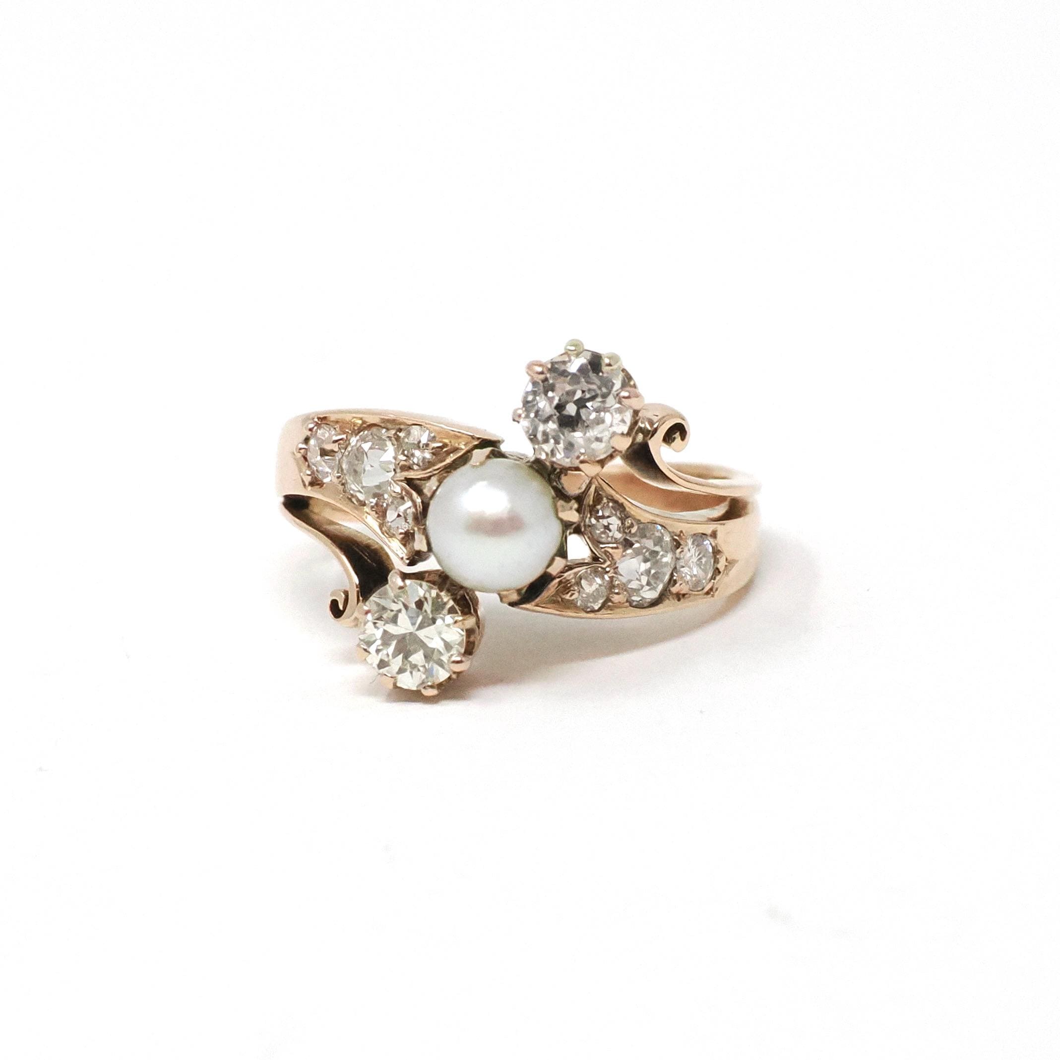 Victorian Bypass Ring - Antique 14k Rosy Yellow Gold Natural Diamonds & Cultured Pearl - Circa 1890s Era Size 3 3/4 Three Stone Fine Jewelry