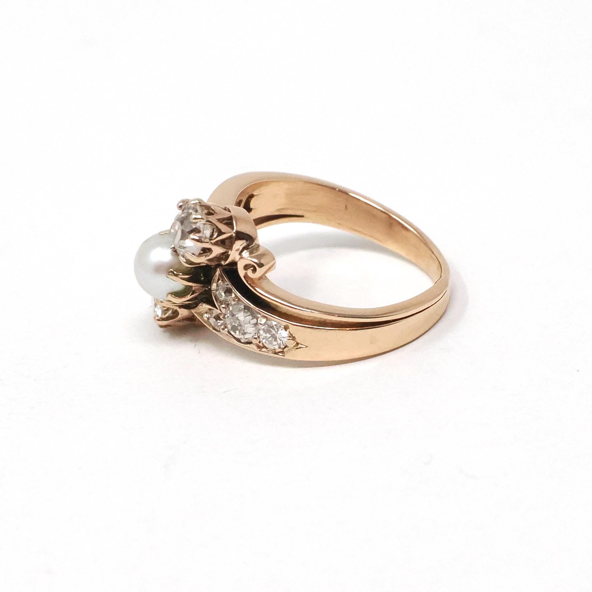 Victorian Bypass Ring - Antique 14k Rosy Yellow Gold Natural Diamonds & Cultured Pearl - Circa 1890s Era Size 3 3/4 Three Stone Fine Jewelry