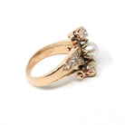 Victorian Bypass Ring - Antique 14k Rosy Yellow Gold Natural Diamonds & Cultured Pearl - Circa 1890s Era Size 3 3/4 Three Stone Fine Jewelry