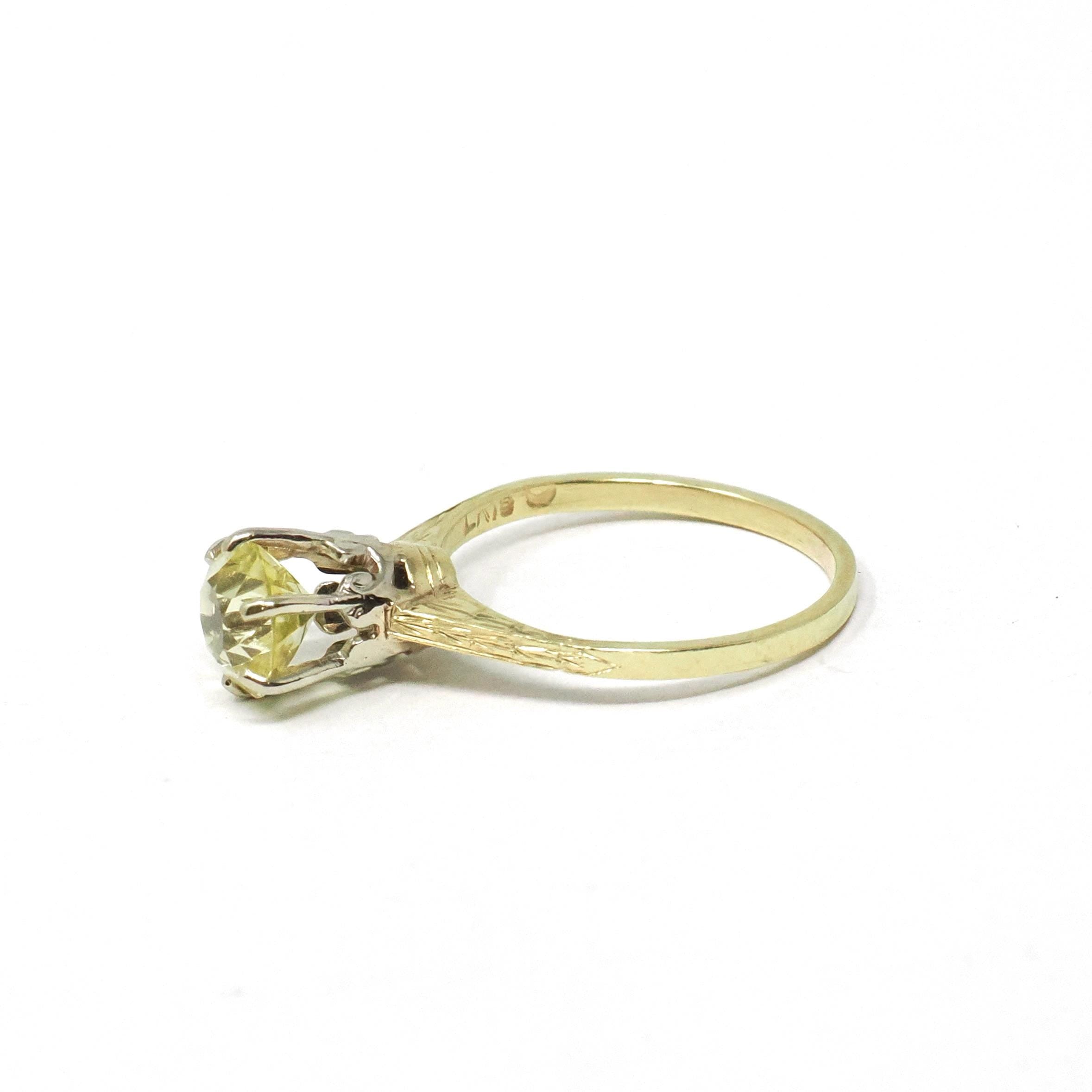 Art Deco Solitaire Engagement Ring - Vintage 18k Yellow & White Gold Tall Prong Created Green Sapphire Gem - Circa 1930s Size 5 1/4 Jewelry