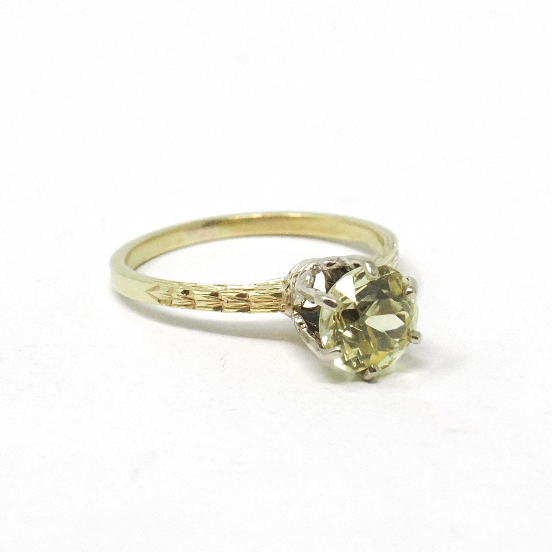 Art Deco Solitaire Engagement Ring - Vintage 18k Yellow & White Gold Tall Prong Created Green Sapphire Gem - Circa 1930s Size 5 1/4 Jewelry