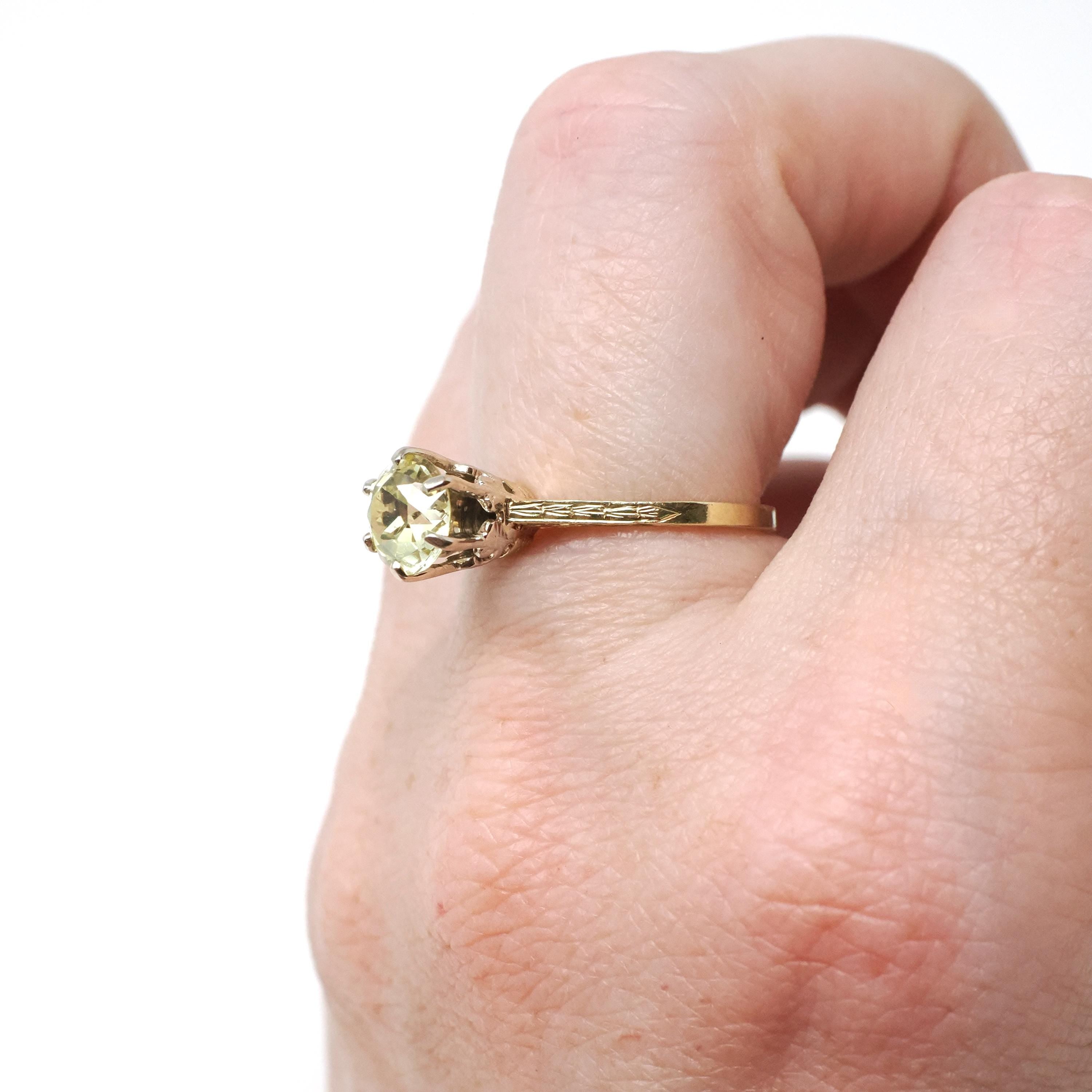 Art Deco Solitaire Engagement Ring - Vintage 18k Yellow & White Gold Tall Prong Created Green Sapphire Gem - Circa 1930s Size 5 1/4 Jewelry